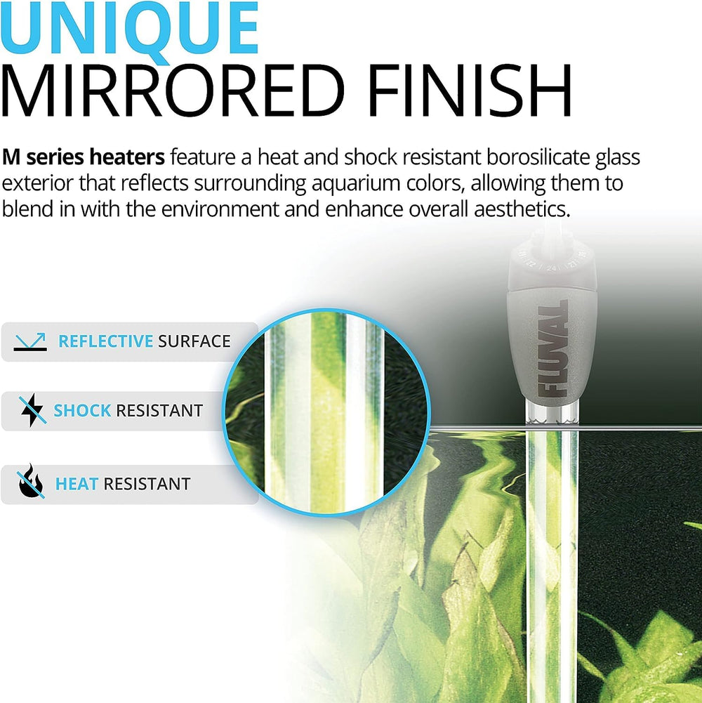 Fluval mirror-technology tank view highlights discreet heater blending with décor.