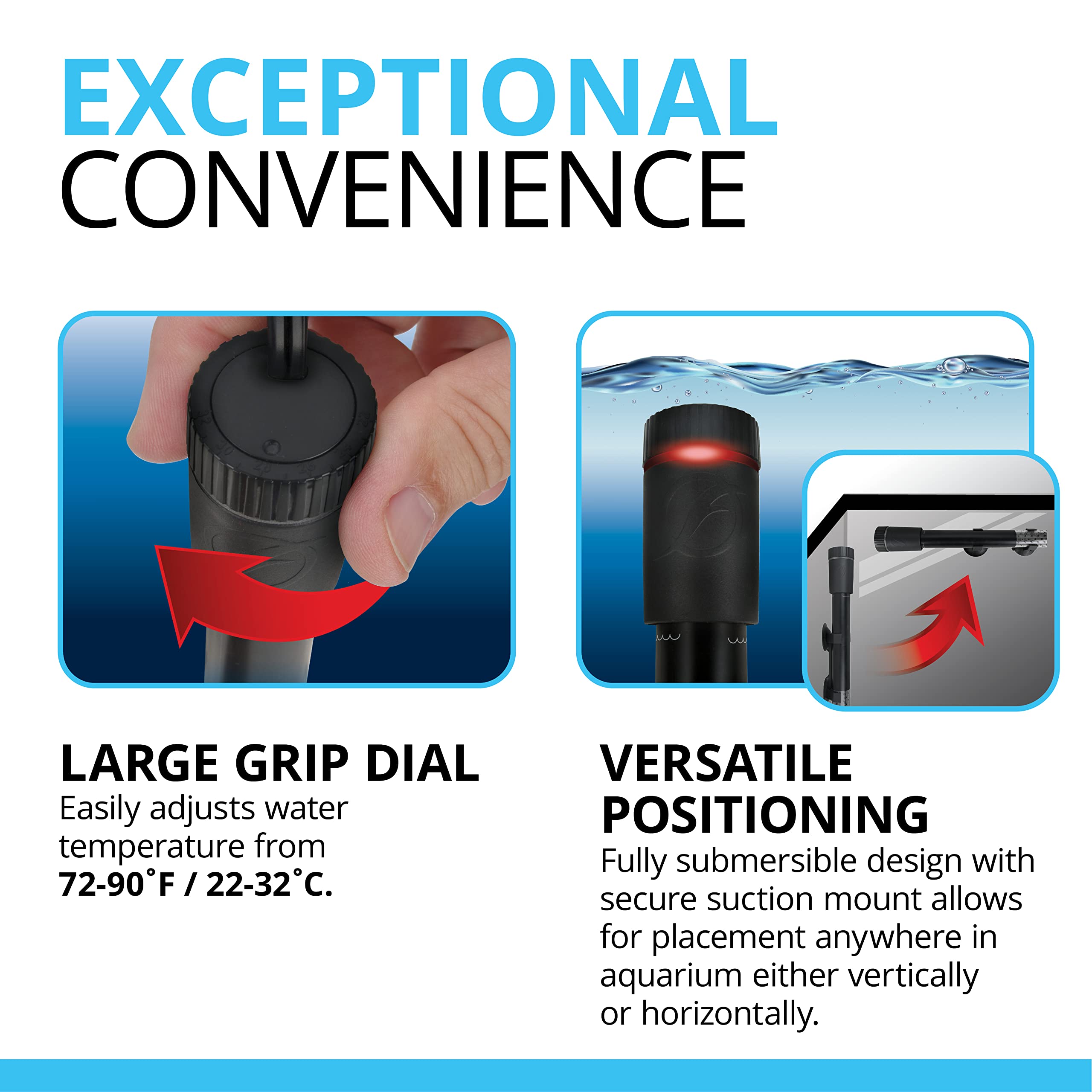 Fluval T50 360-degree indicator ring clarifies heat mode from any angle for safe operation.