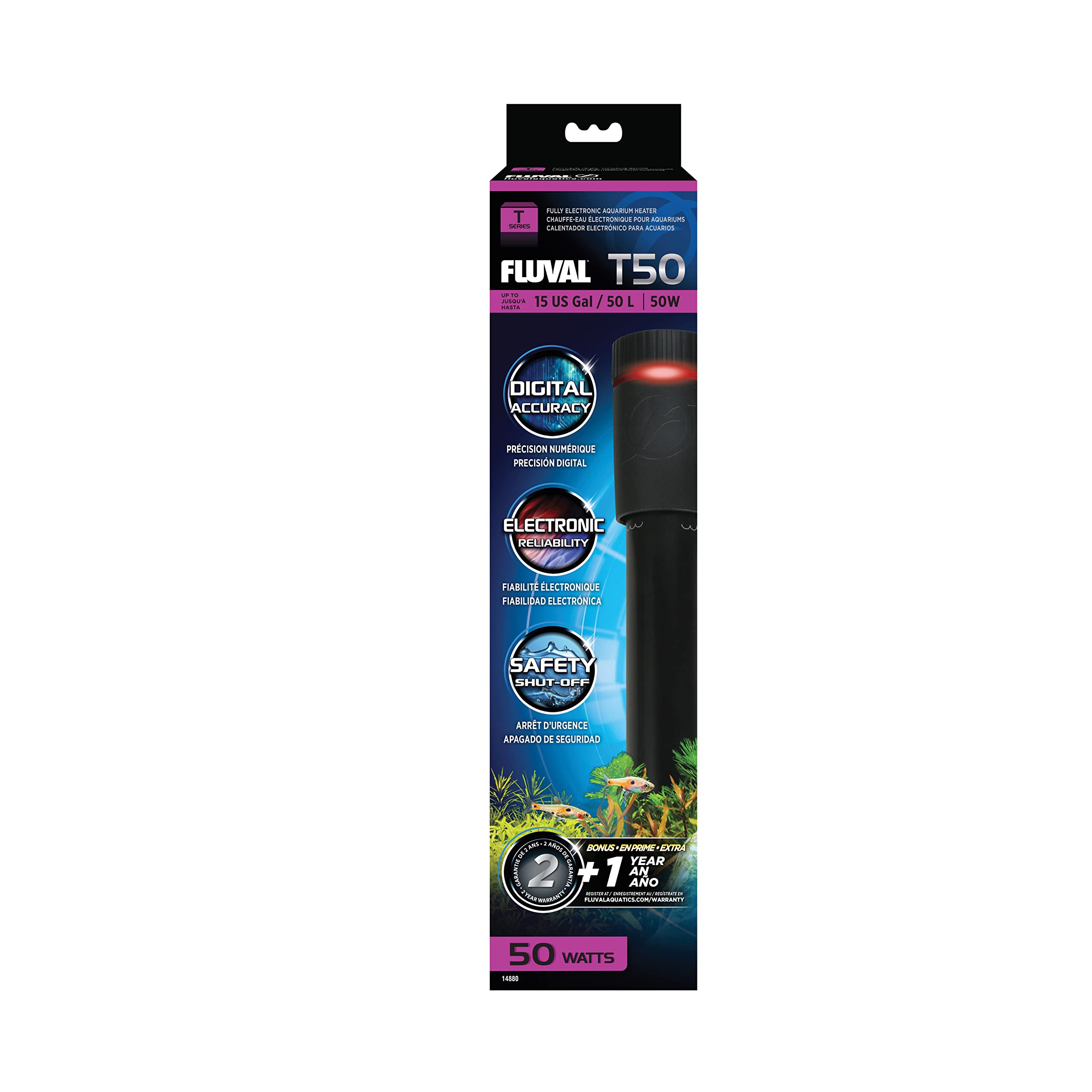 Fluval T50 heater front view shows compact design for stable freshwater heating.