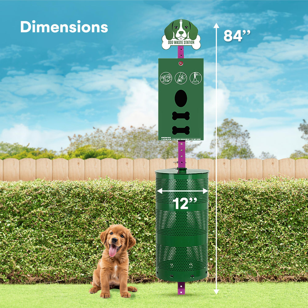 Flybold dog waste station includes 400-roll bags for efficient waste pickup.