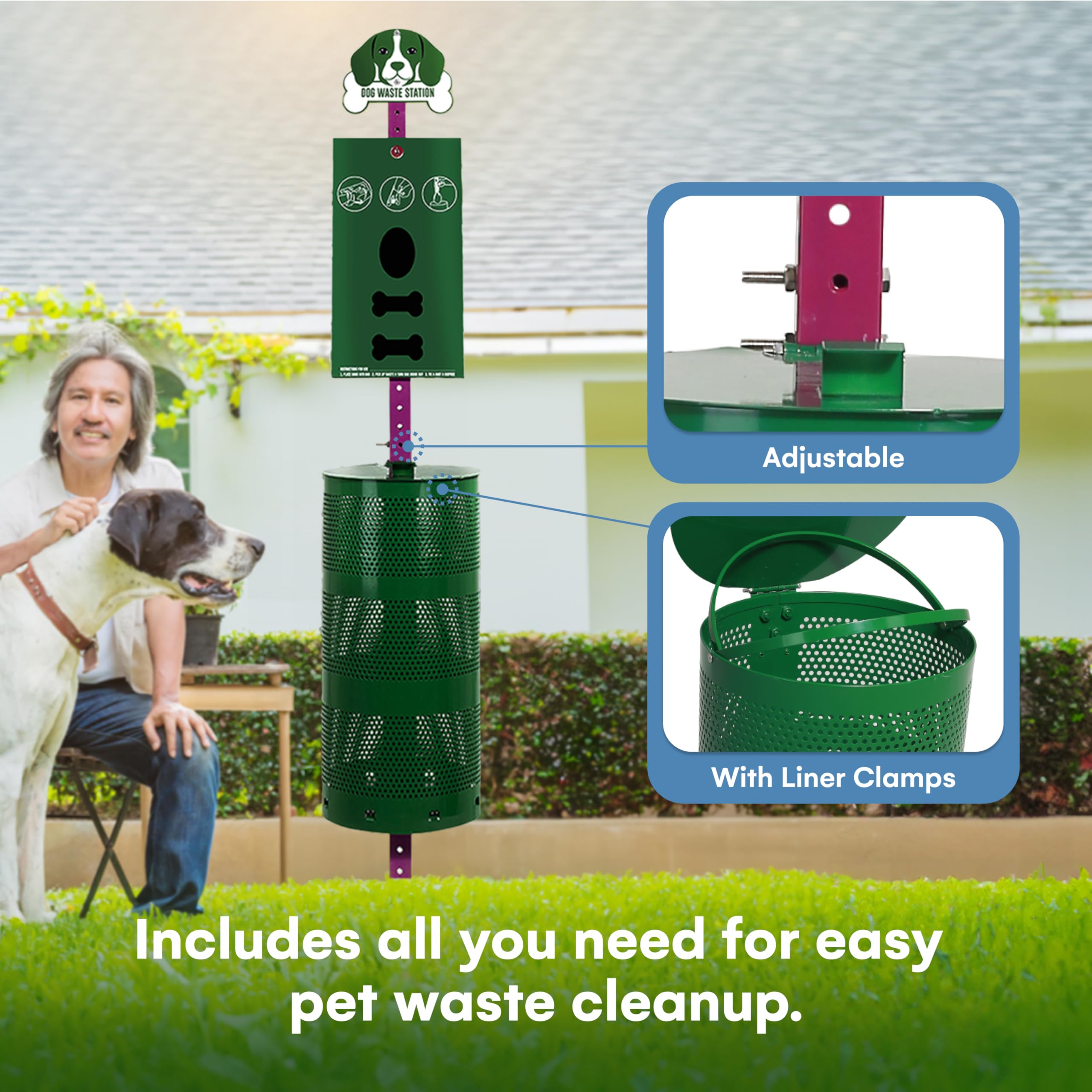 Flybold dog waste station lid-sign feature guides users in outdoor spaces.