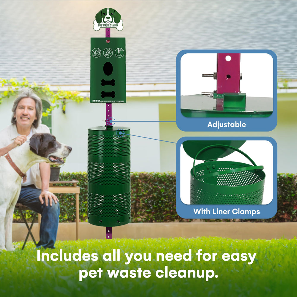 Flybold dog waste station lid-sign feature guides users in outdoor spaces.