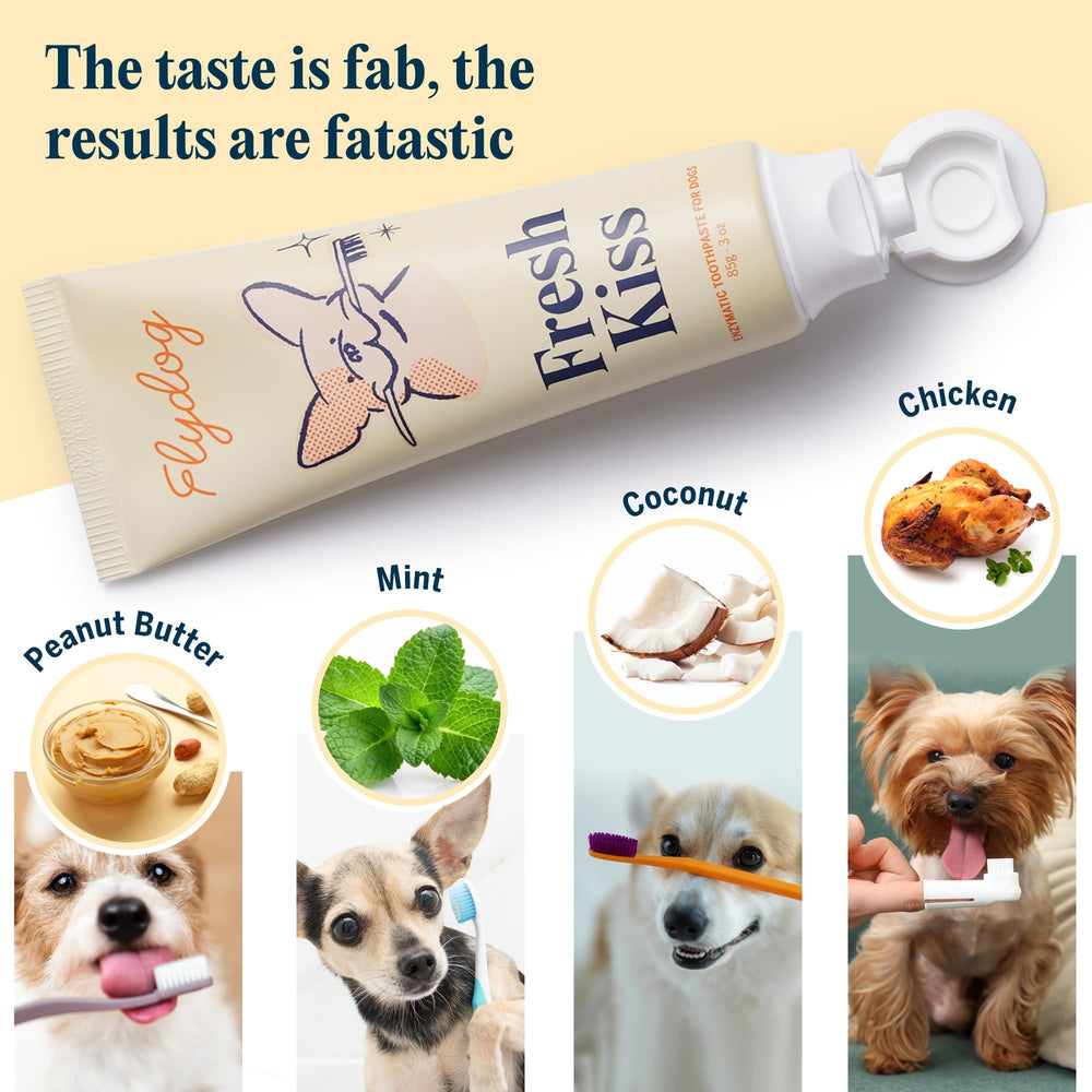 FlyDog Fresh Kiss chicken flavor toothpaste appeals during brushing sessions