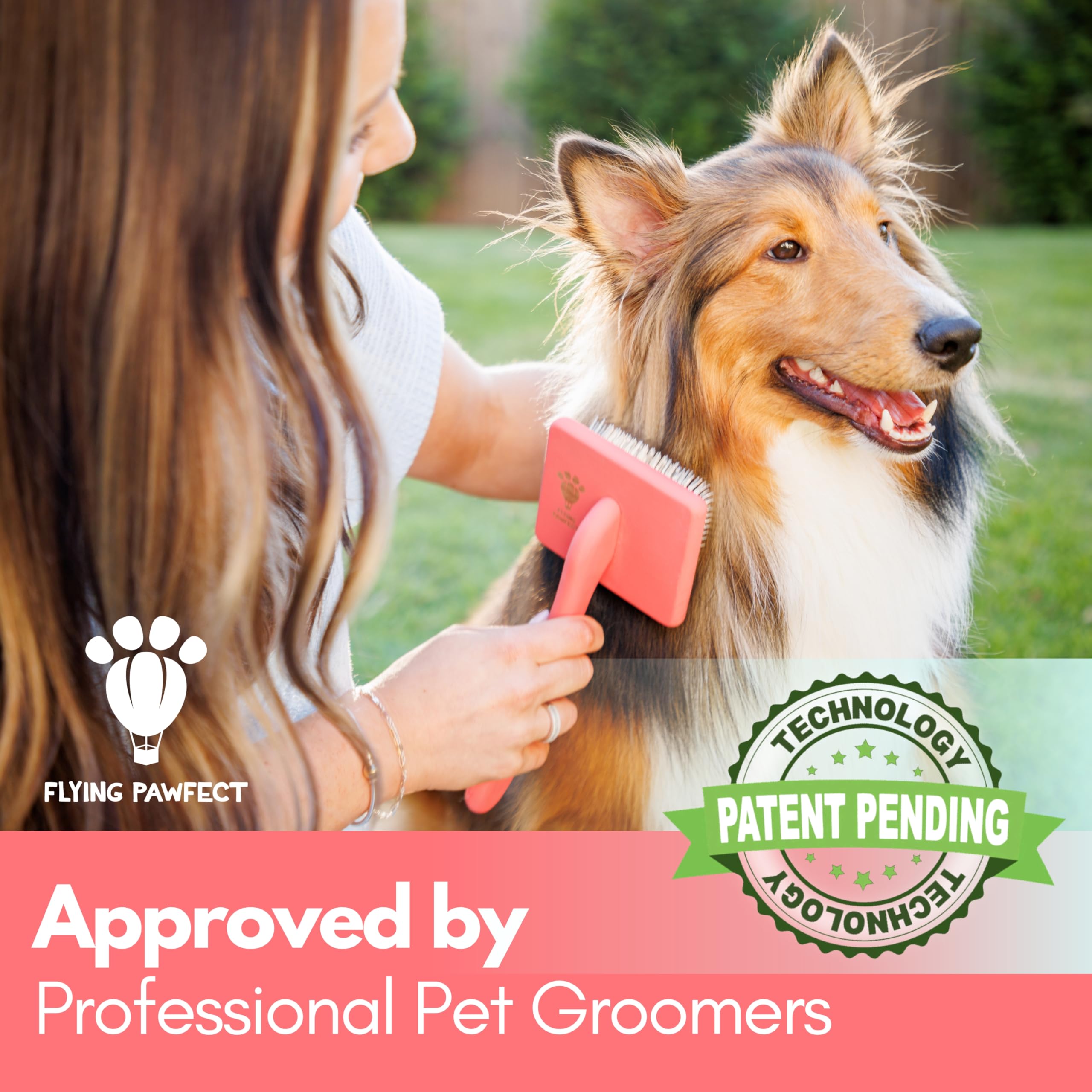 Flying Pawfect dog slicker brush soft pins closeup delivers a smooth glide with minimal tugging
