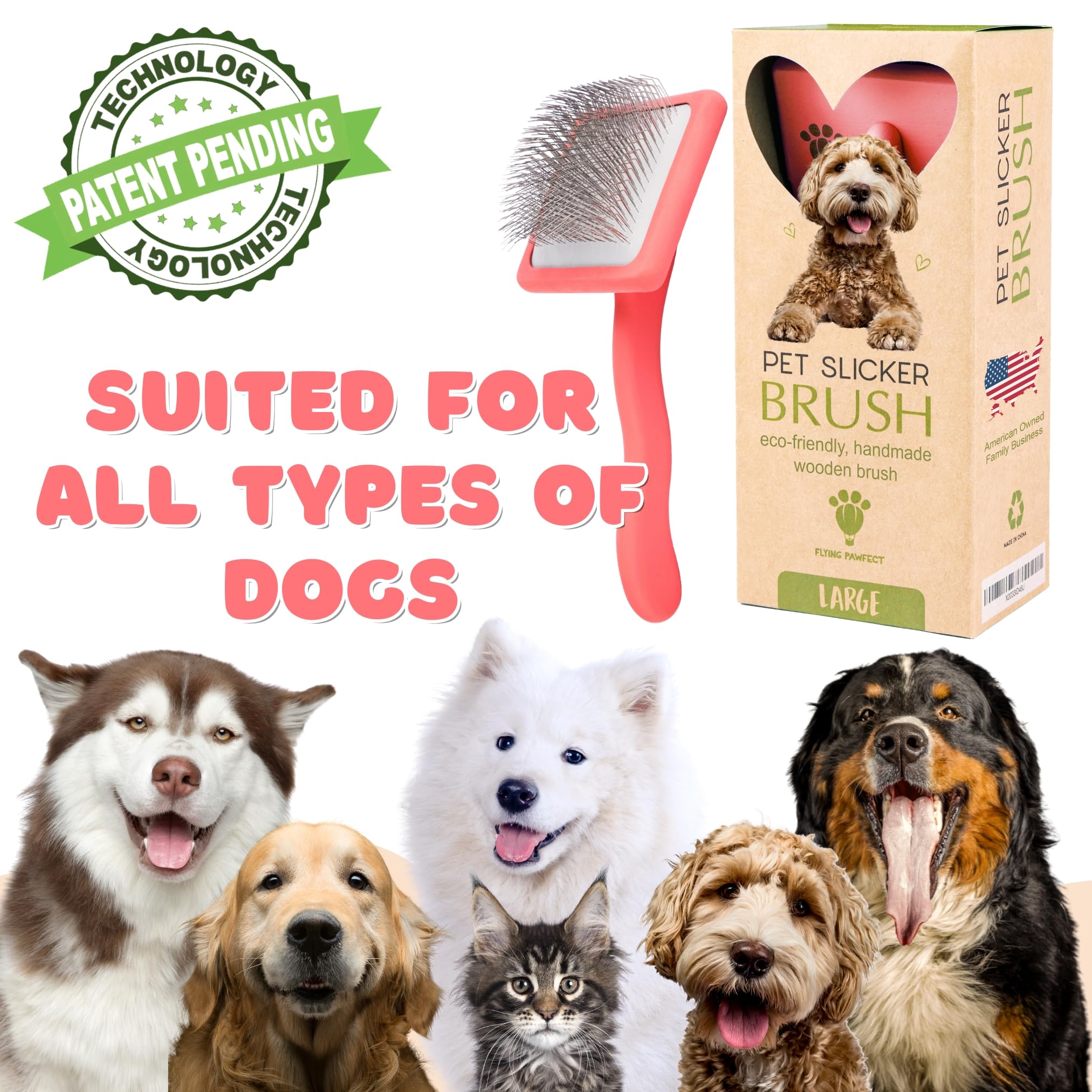 Flying Pawfect dog slicker brush wet-dry-use is versatile for all coat conditions