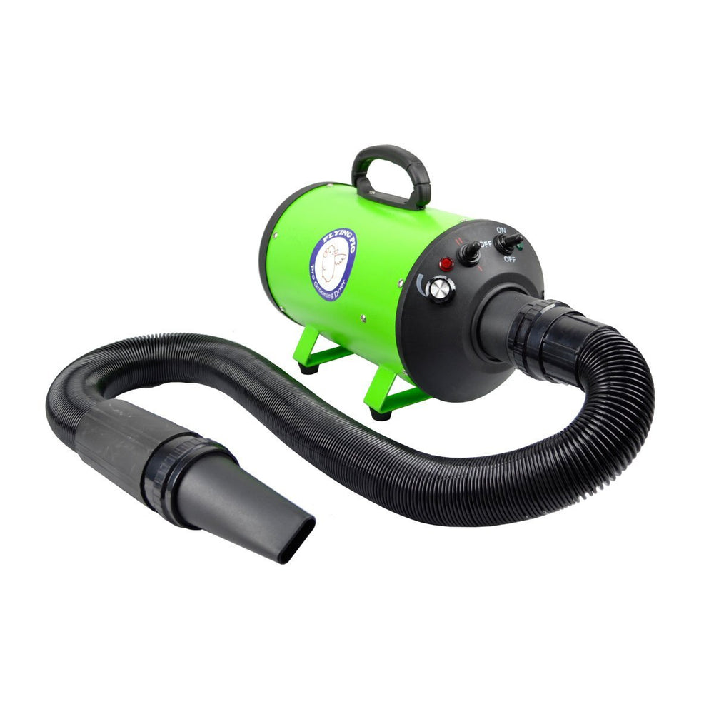 Flying Pig High Velocity Dryer side view demonstrates adjustable stand height for varied grooming spaces.