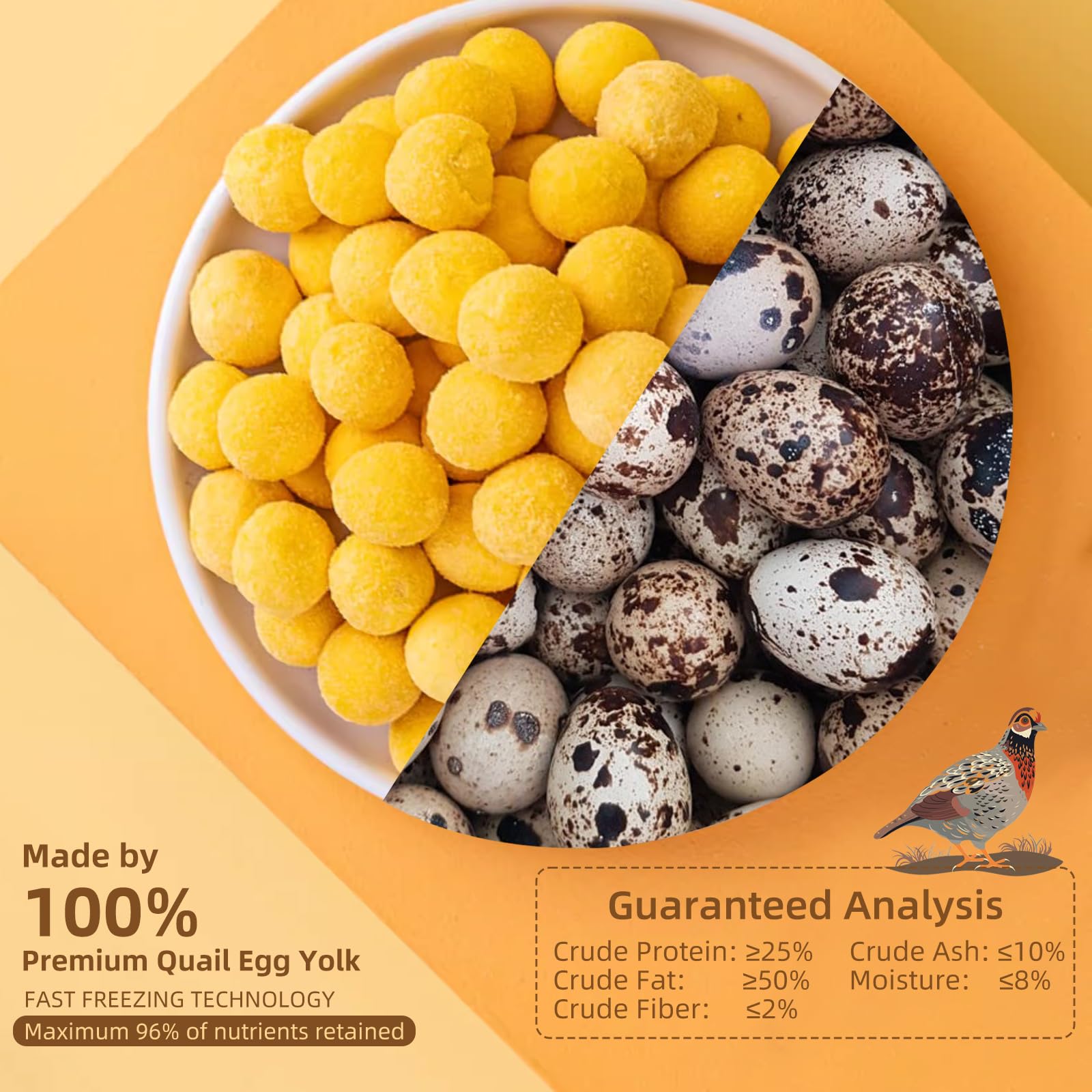 Flyjobs free-range quail label highlights natural sourcing for yolk snacks.