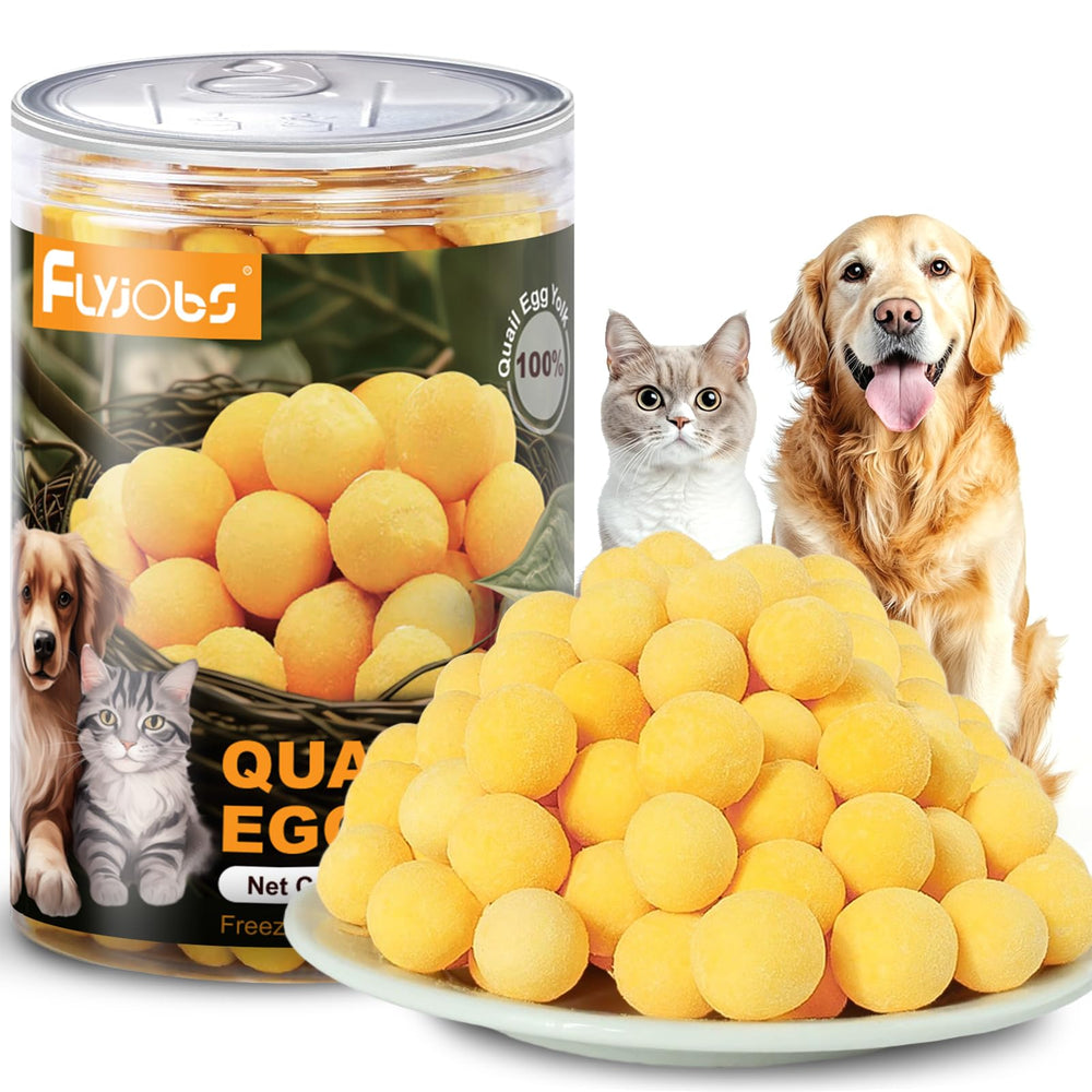 Flyjobs quail egg yolk snack packaged, crisp texture ideal for training rewards.