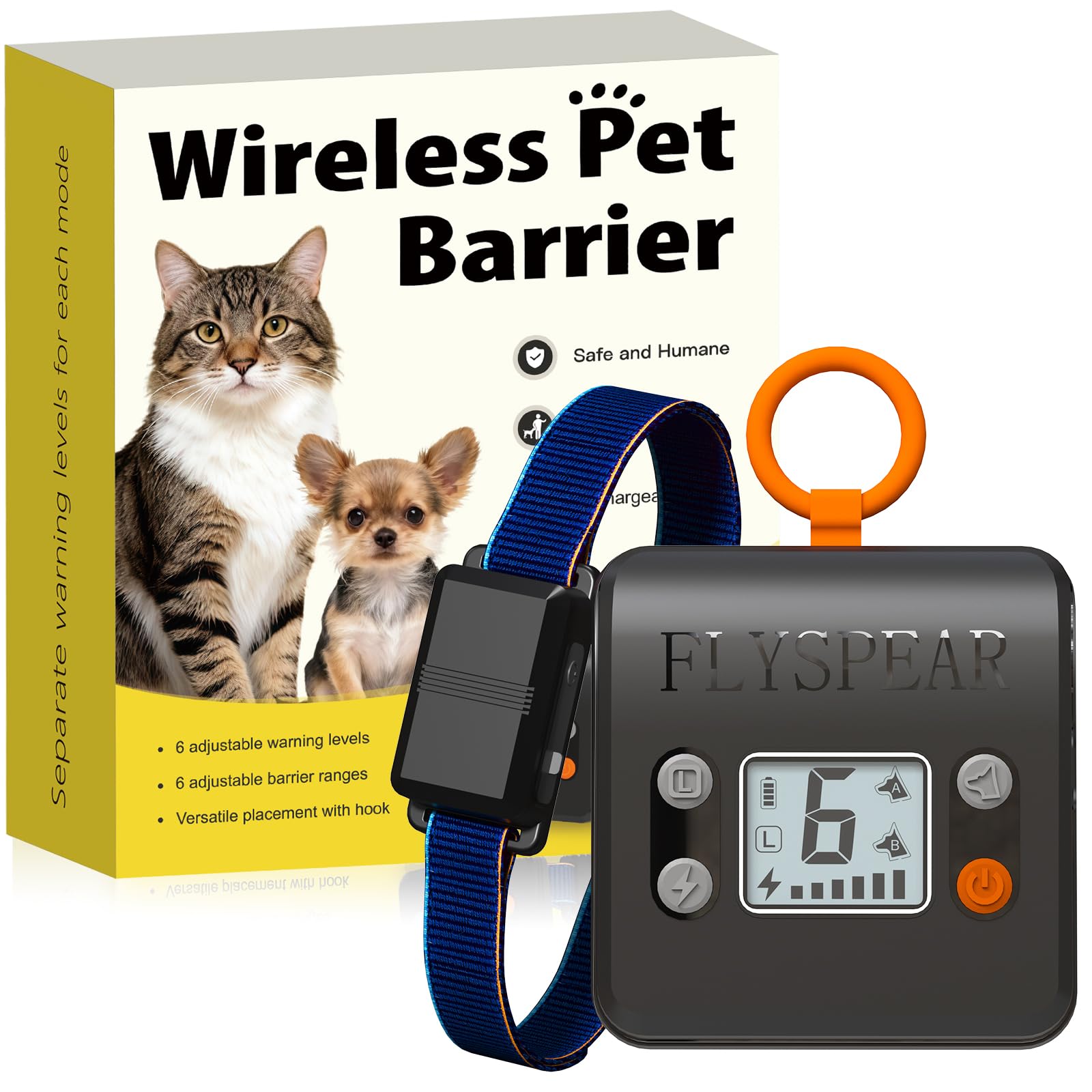 FLYSPEAR wireless barrier transmitter shows adjustable indoor range for flexible setup