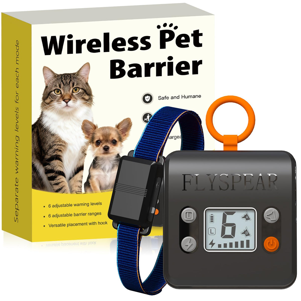 FLYSPEAR wireless barrier transmitter shows adjustable indoor range for flexible setup