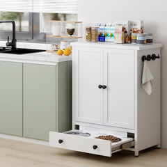 Fmlud dog feeding station with adjustable shelves adapts to sizes.