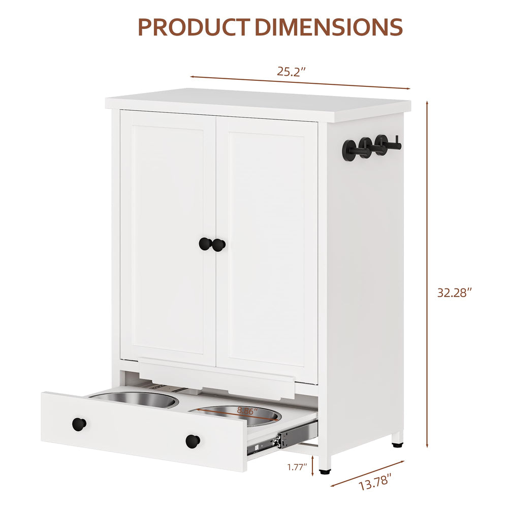 Fmlud dog feeding station with pull-out drawer keeps bowls tidy for meals.