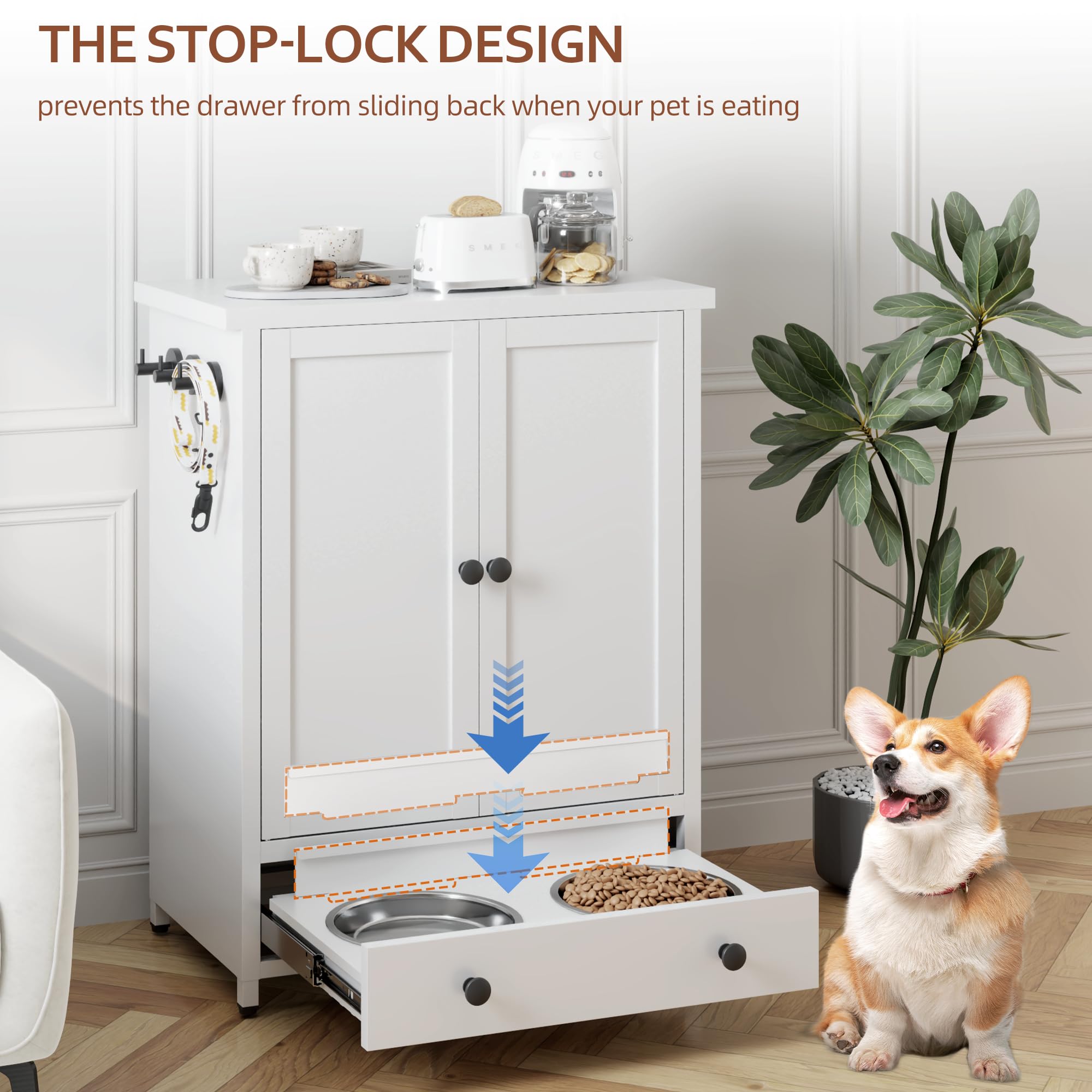 Fmlud dog feeding station with stop latch stabilizes bowls during meals.