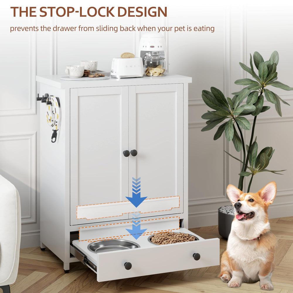 Fmlud dog feeding station with stop latch stabilizes bowls during meals.
