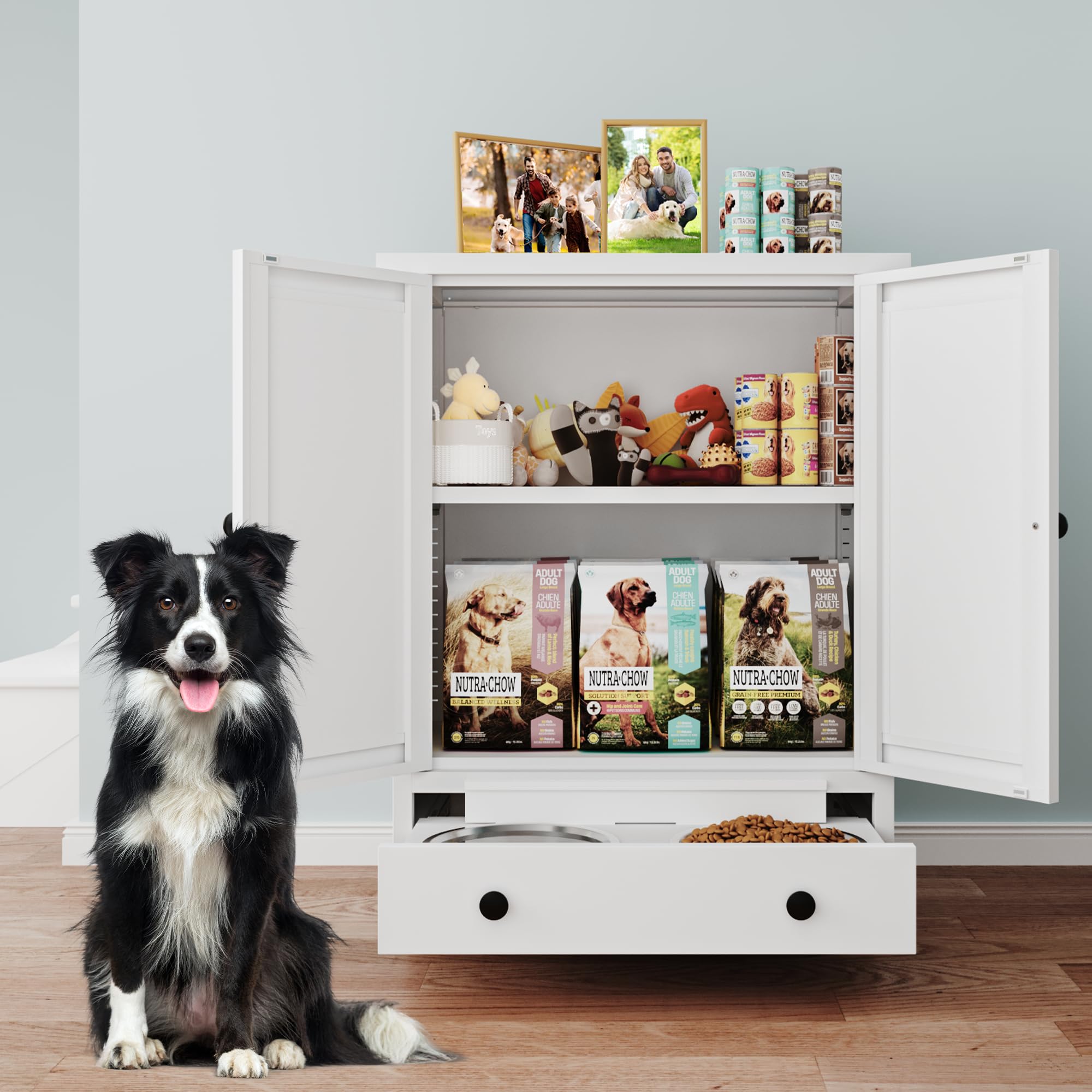 Fmlud dog feeding station large storage area stores food and toys.