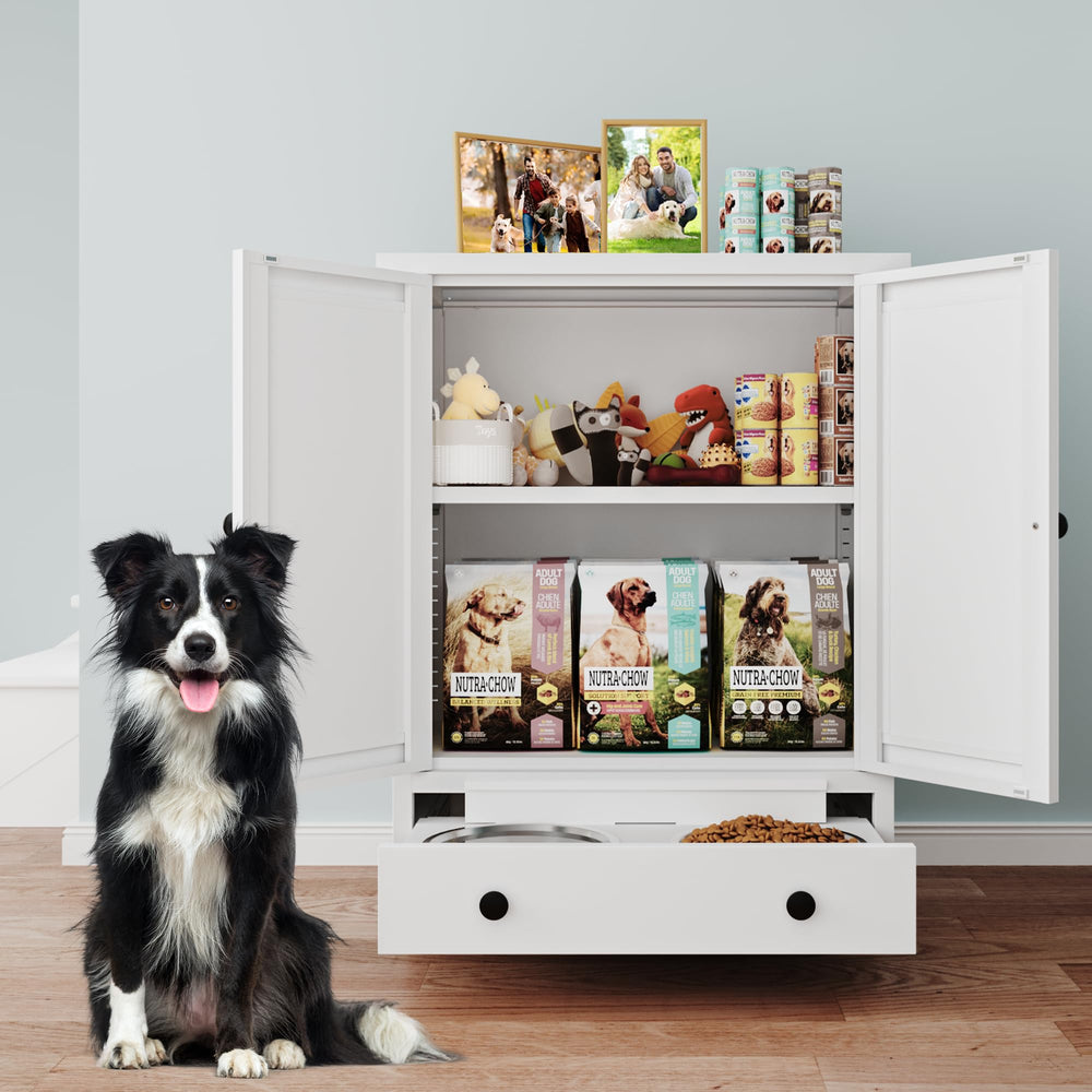 Fmlud dog feeding station large storage area stores food and toys.
