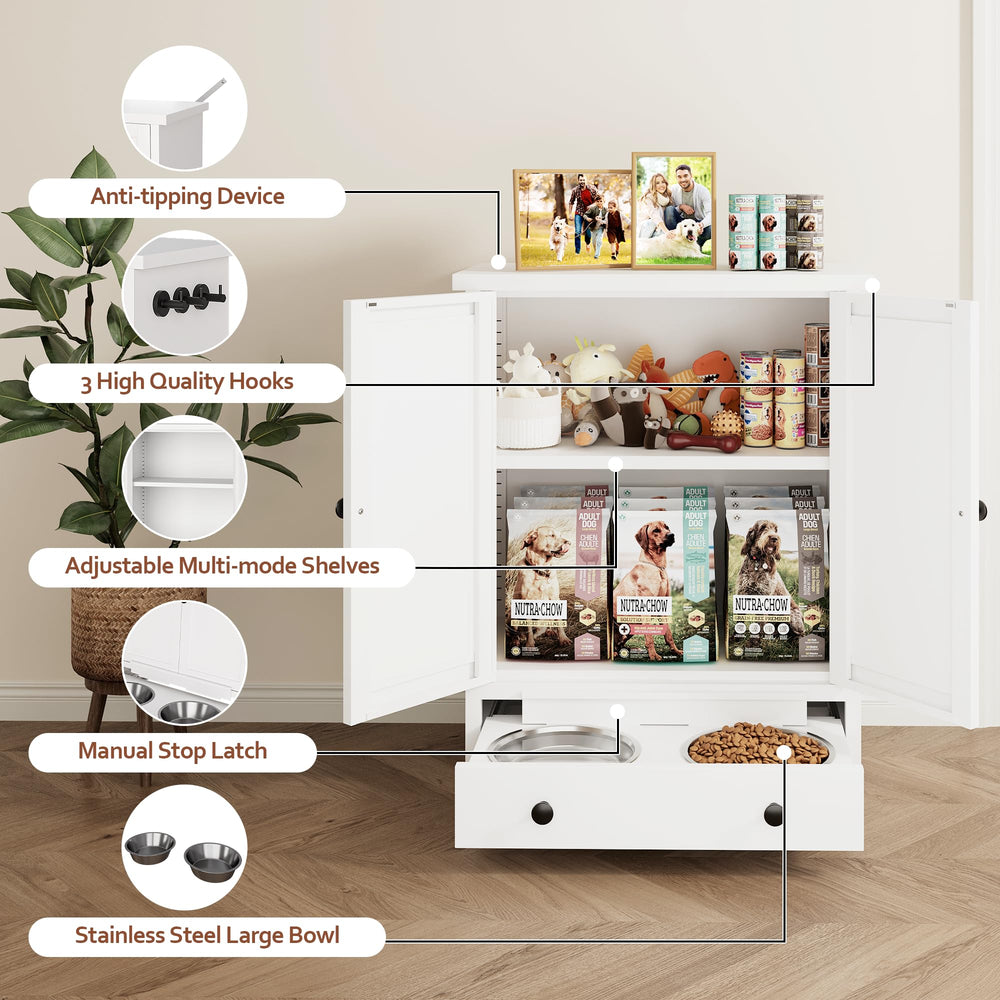 Fmlud dog feeding station top surface provides space for treats and essentials.