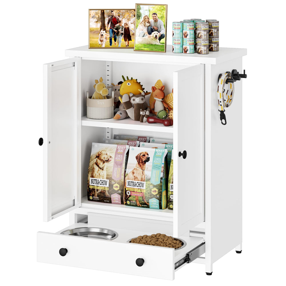 Fmlud white dog feeding station fits kitchen spaces elegantly.