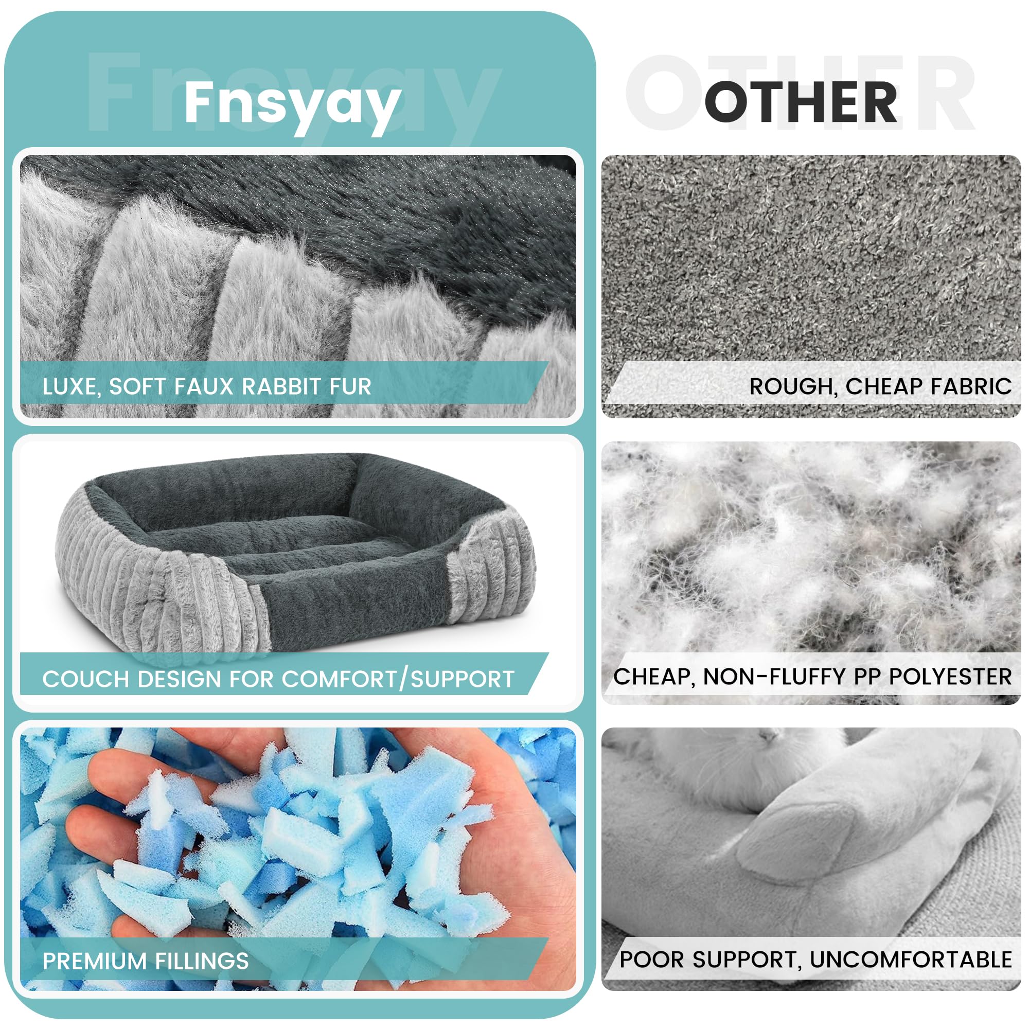 Fnsyay bed fits crates, cars, or sofas for flexible placement at home or travel.