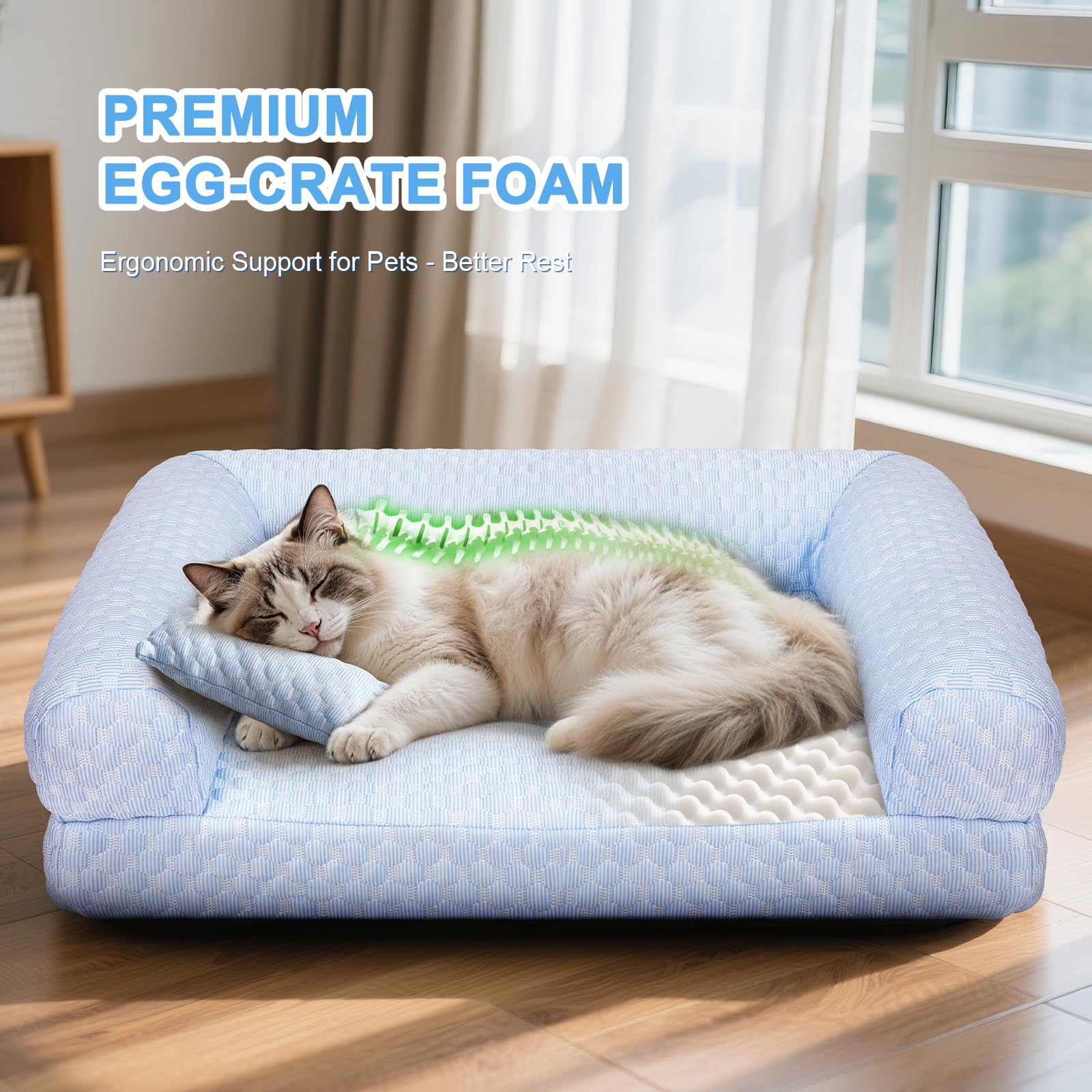 Foamio cat bed raised edges provide neck support for cozy naps.