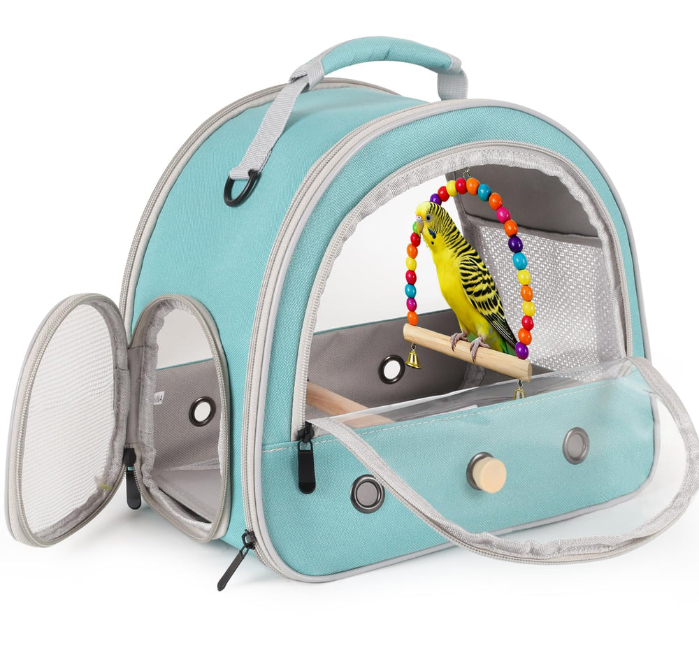 FOCZZU portable parrot travel cage green front view shows breathable design for comfortable travel