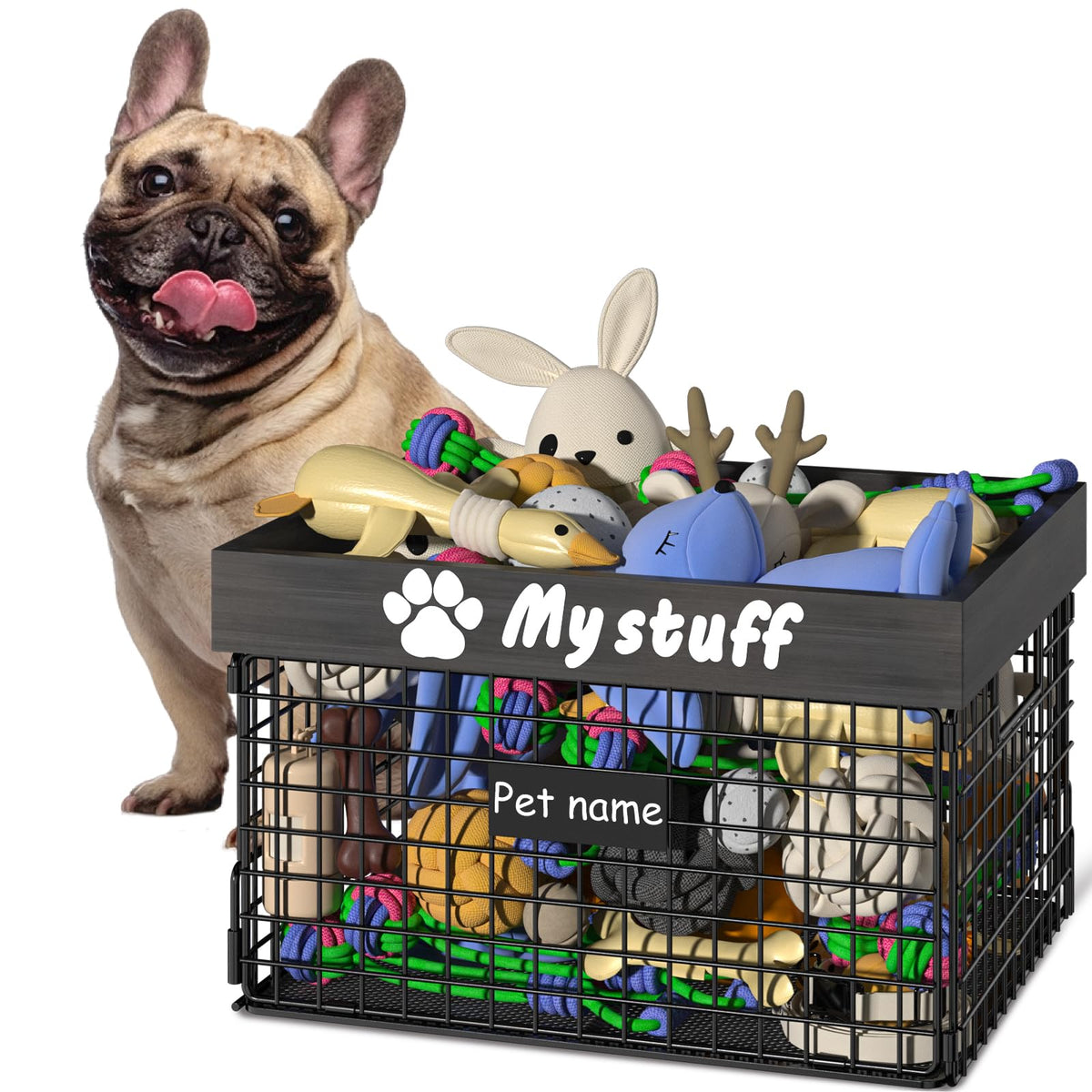 Foellstoe dog toy bin handles for easy toy storage and transport.
