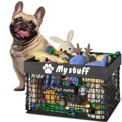 Foellstoe dog toy bin handles for easy toy storage and transport.