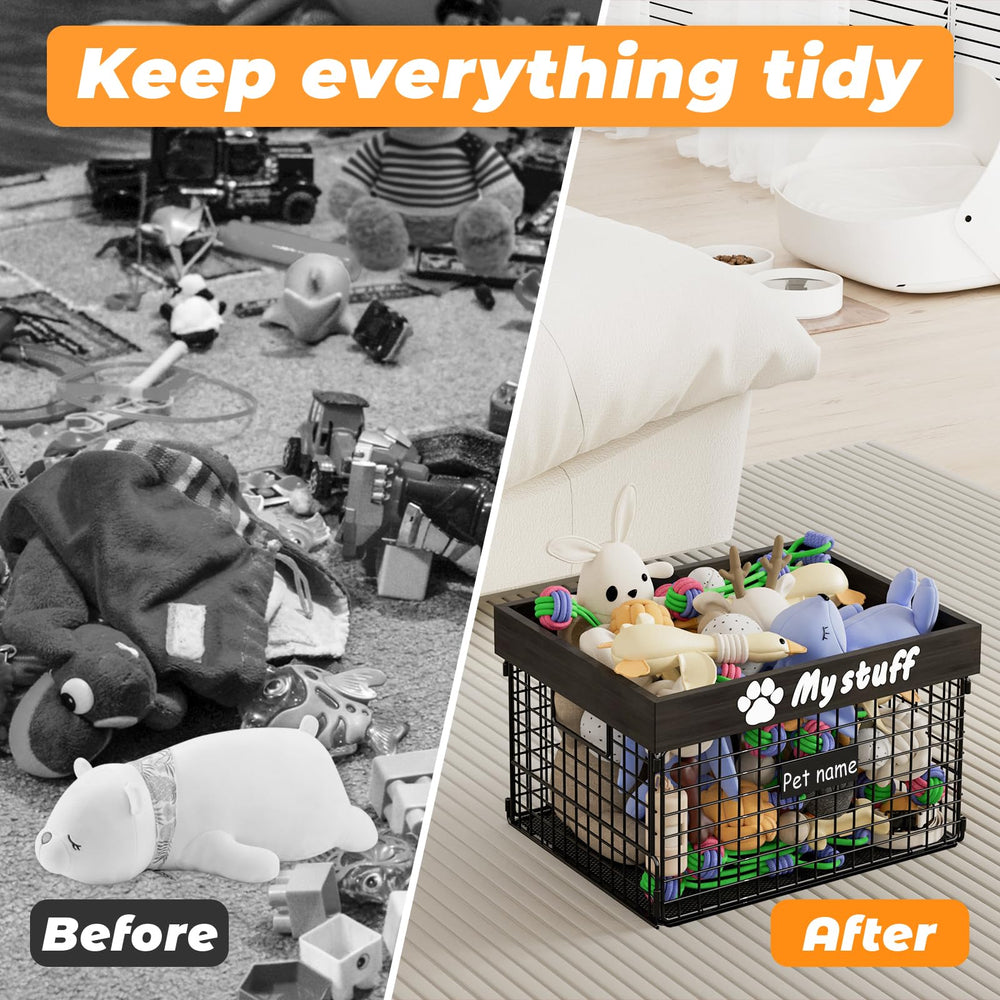 Foellstoe dog toy bin wood and metal contrast decor piece.