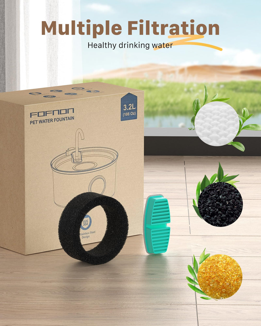 FOFNON cat fountain pump-and-filter design reduces stray hairs