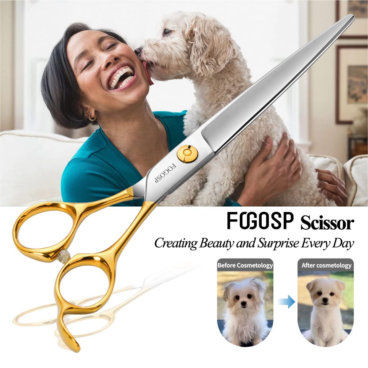 FOGOSP versatile 7in straight scissors for shaping, finishing, and thick hair tasks.