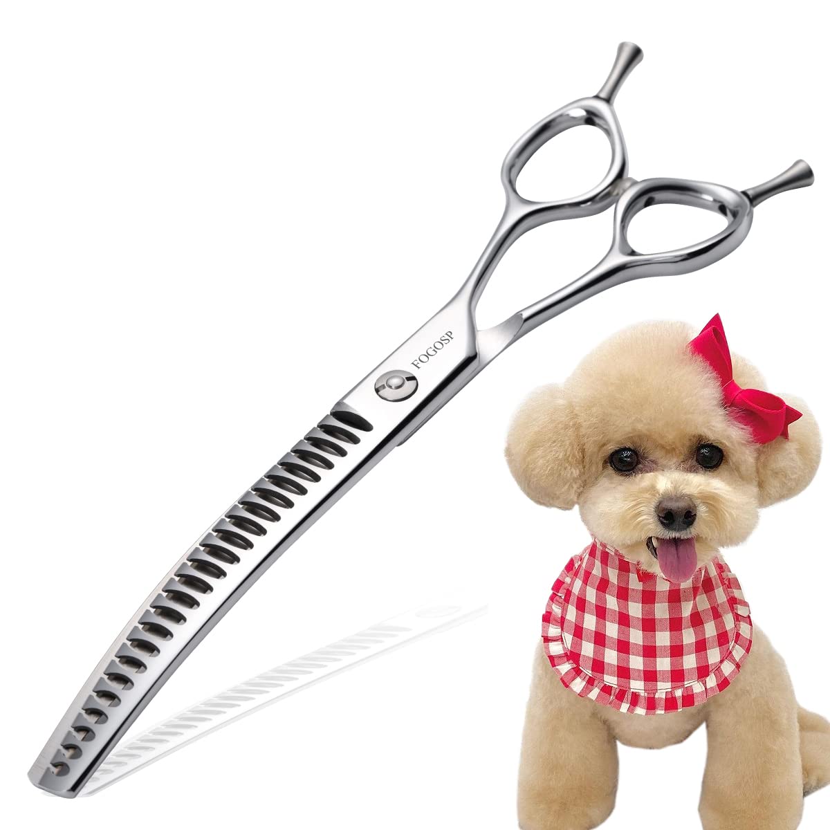 FOGOSP curved chunkers shears 7in blade close-up with a sharp 440C edge for precise thinning.