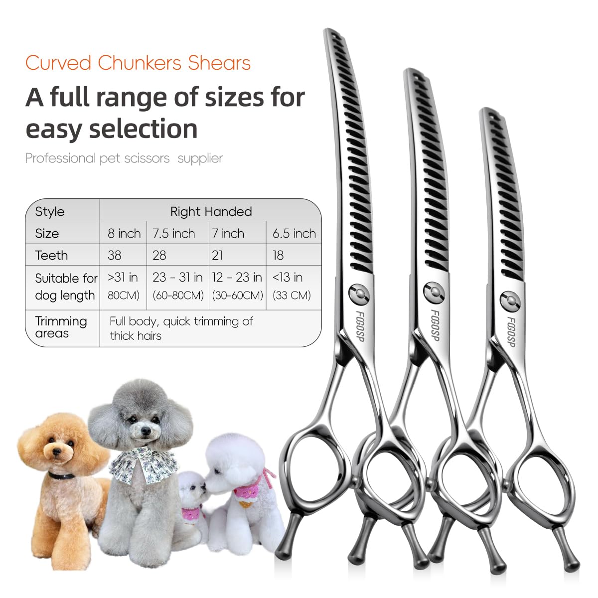 FOGOSP curved chunkers shears 7in ergonomic handle for comfortable, controlled grooming.