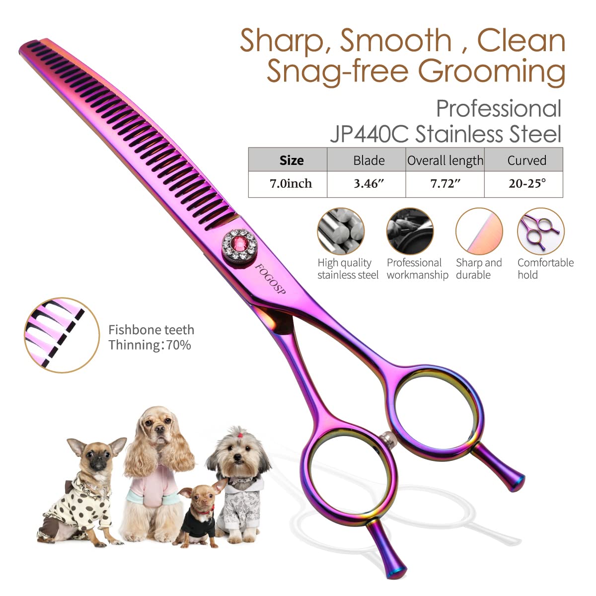 FOGOSP 21-tooth blades for smooth thinning without fur damage.