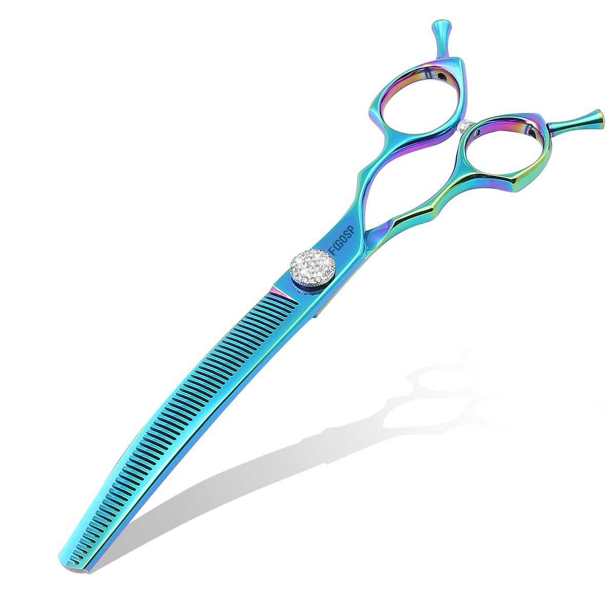 FOGOSP curved thinning shears 7.5-inch blue-green for efficient thinning and natural curves.
