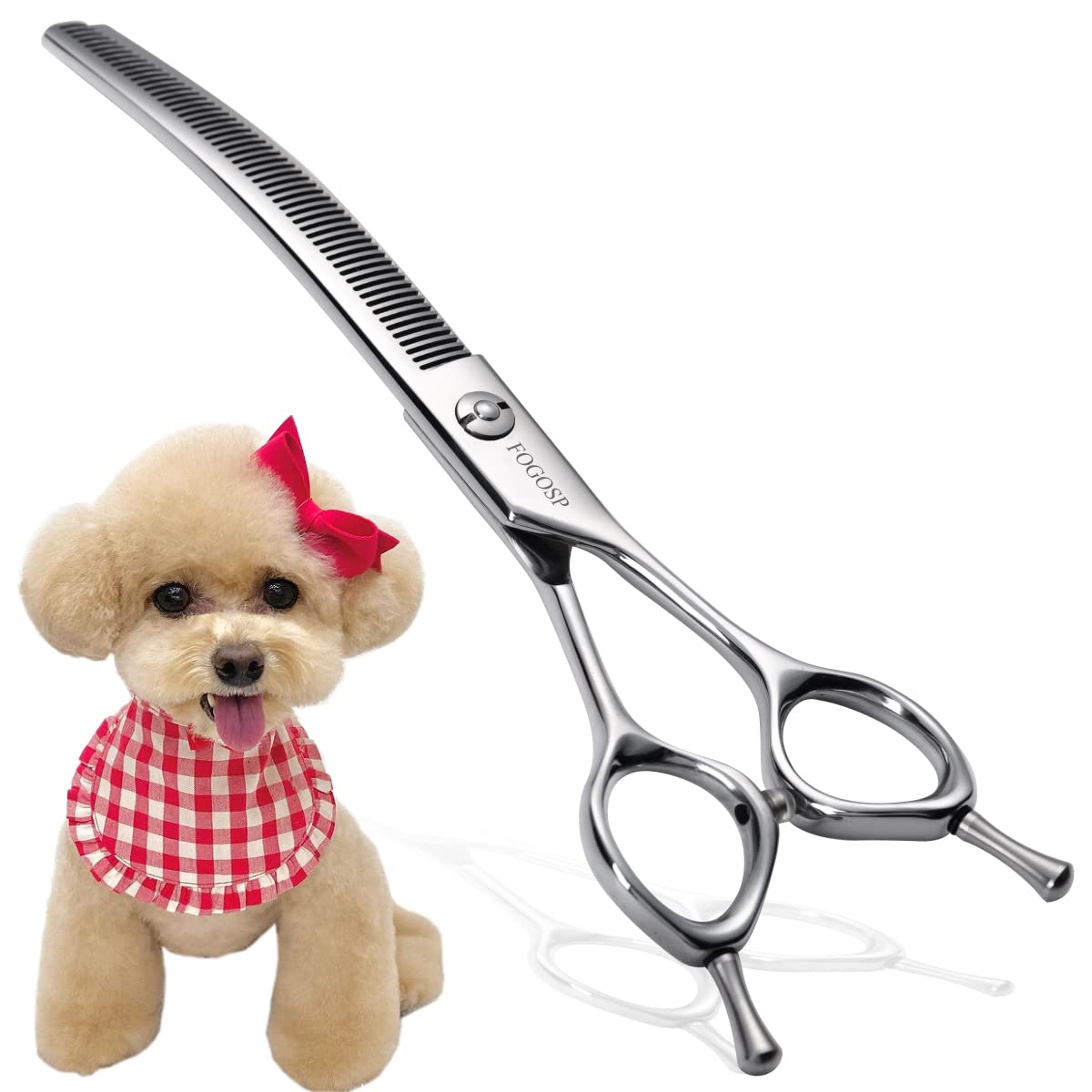 FOGOSP curved thinning shears closeup blade showing 66 V-teeth for even texturing.