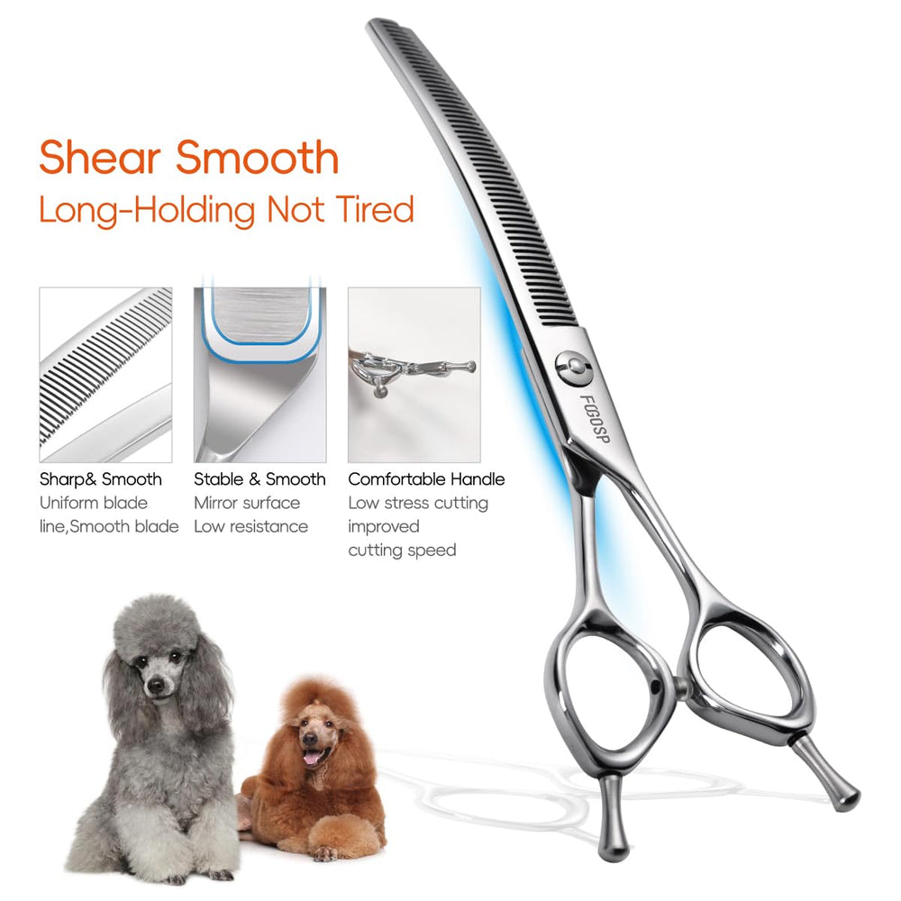 FOGOSP curved thinning shears curved blade profile for sculpted fur shapes.