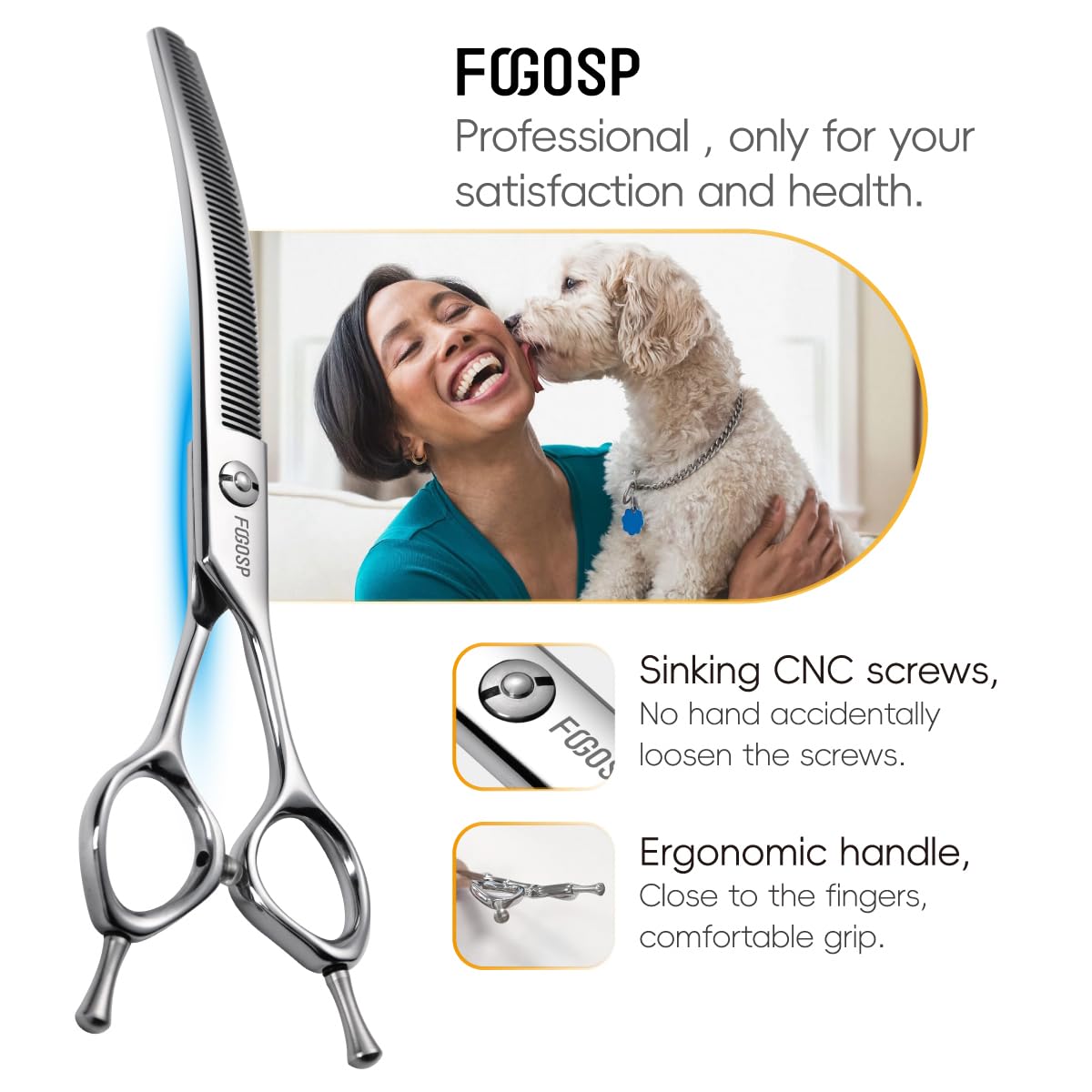 FOGOSP curved thinning shears in packaging to illustrate protection and value.