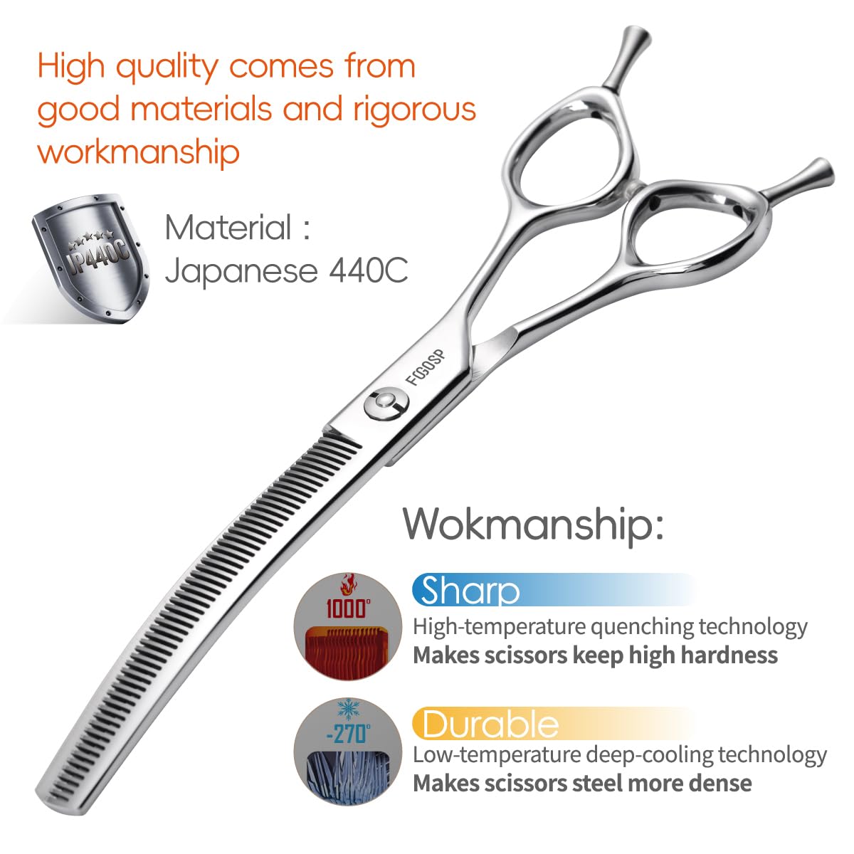 FOGOSP curved thinning shears V-teeth detail highlights thinning texture.