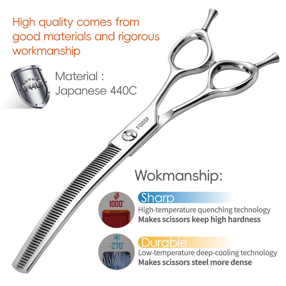 FOGOSP curved thinning shears V-teeth detail highlights thinning texture.
