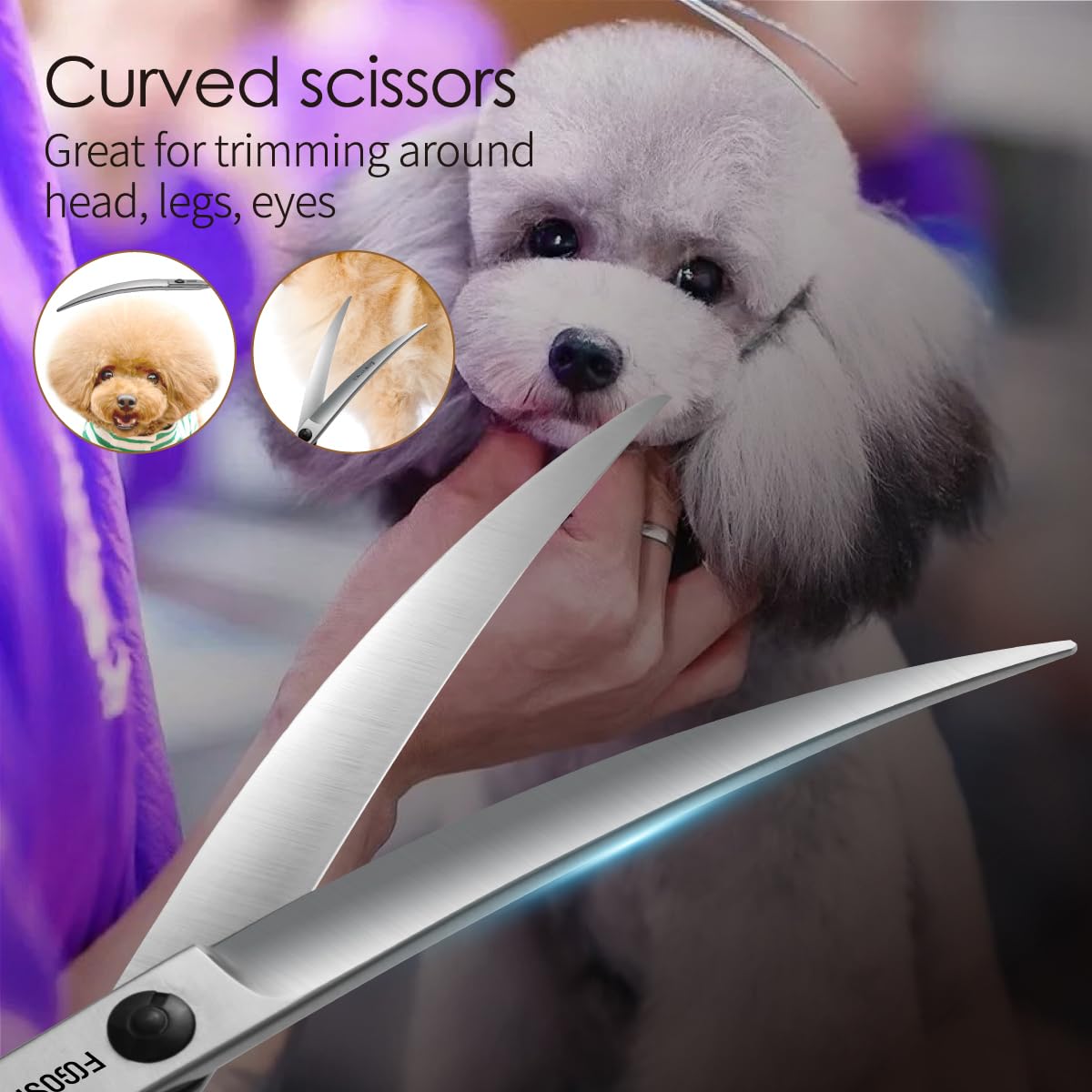 FOGOSP 7.5 inch left-handed curved scissors balance control and reach in professional grooming