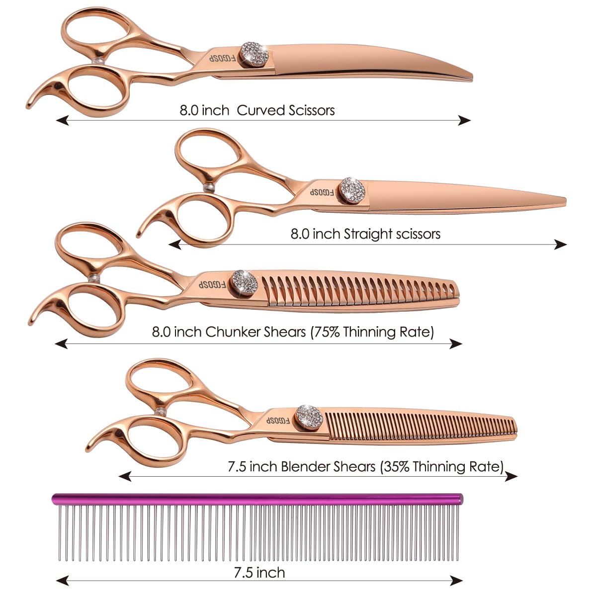 FOGOSP rose gold titanium dog grooming scissors 7.5-inch thinning for texture control