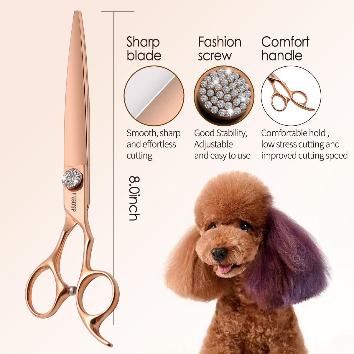 FOGOSP Rose Gold Titanium dog scissors close up blade shows sharp edge.