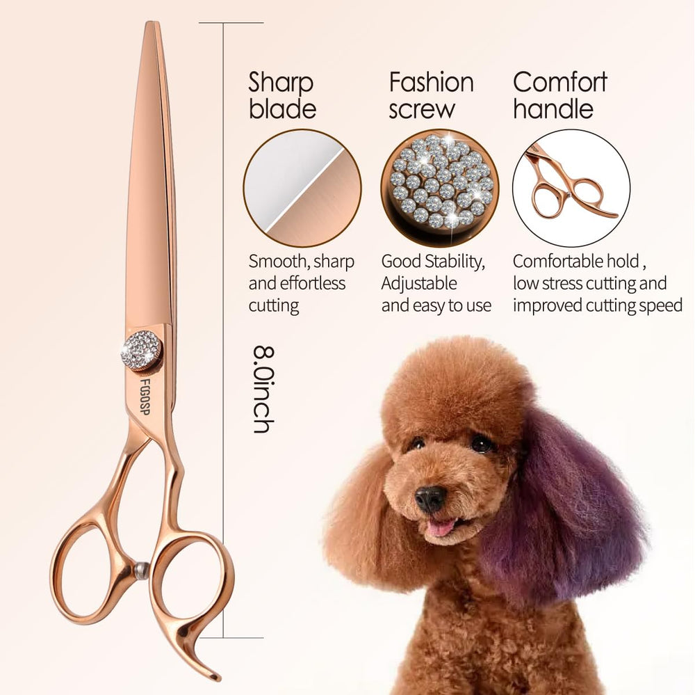 FOGOSP Rose Gold Titanium dog scissors close up blade shows sharp edge.