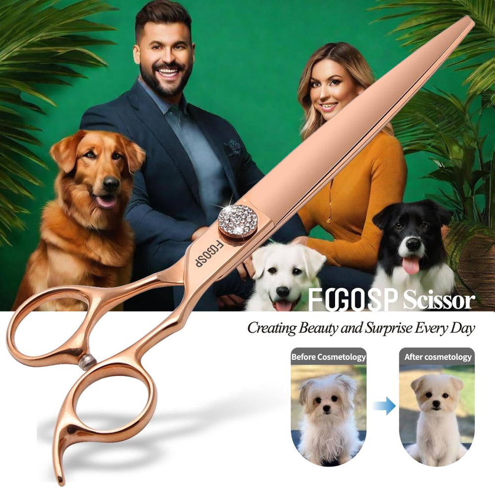 FOGOSP Rose Gold scissors in use on a poodle for thick fur trimming.