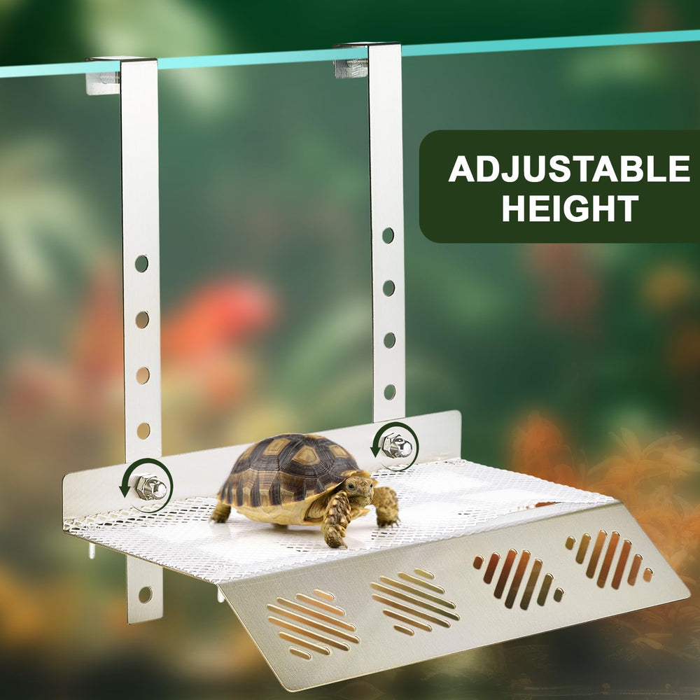 FoldTier safety features image highlights vent holes for pet safety in damp tanks.