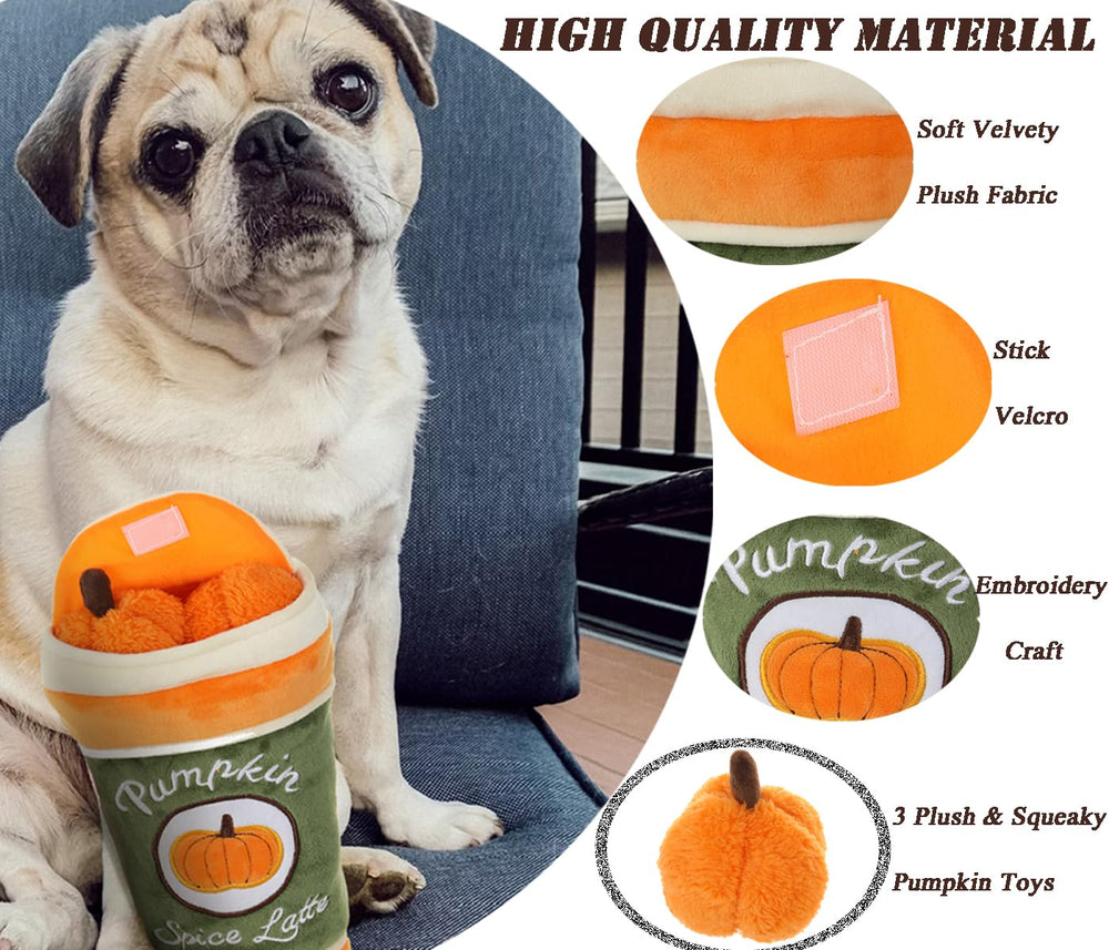 FONBALLOON PARTY Hide and Seek plush dog toy embroidery Pumpkin Spice Latte detail