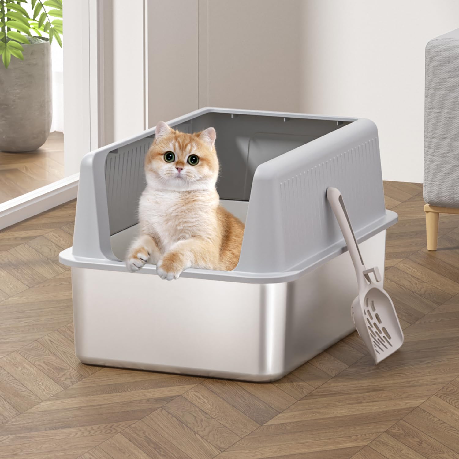 Fooalgo stainless steel cat litter box non-stick surface eases daily cleaning.