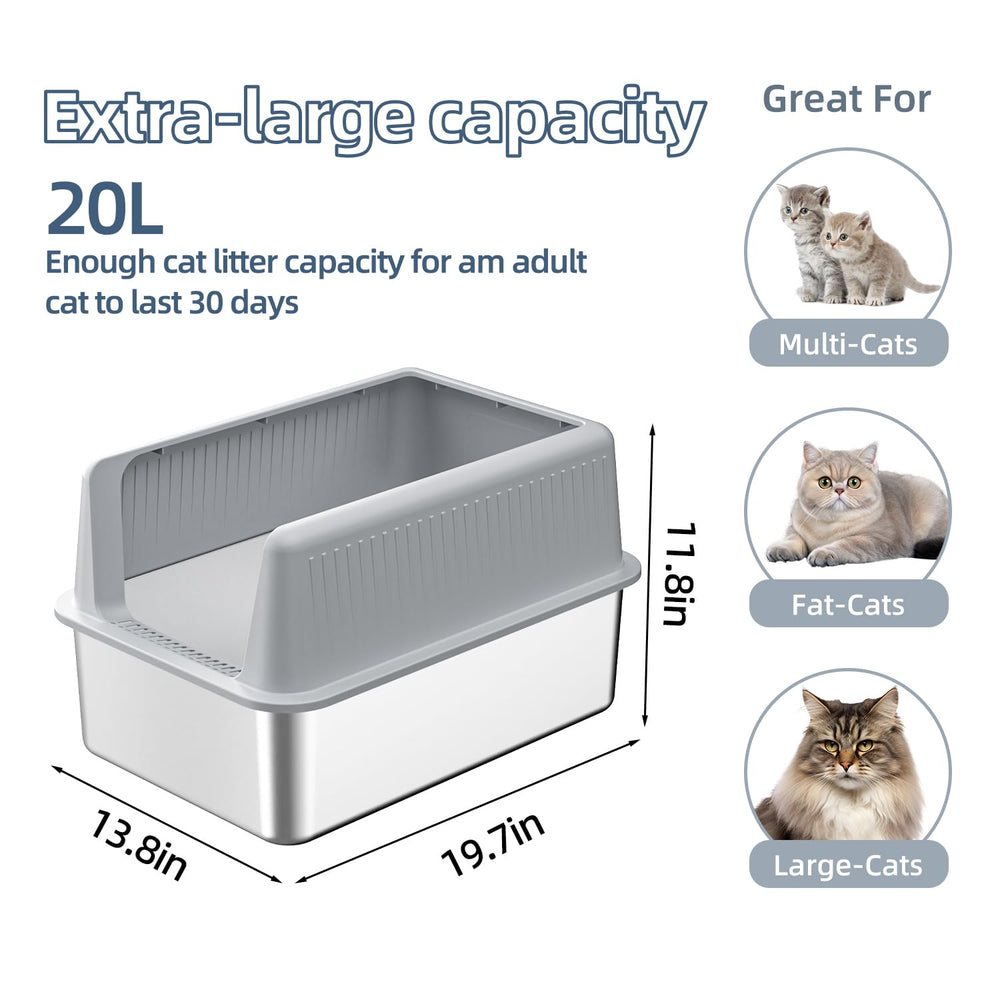 Fooalgo stainless steel litter box top view highlights generous capacity and high walls.