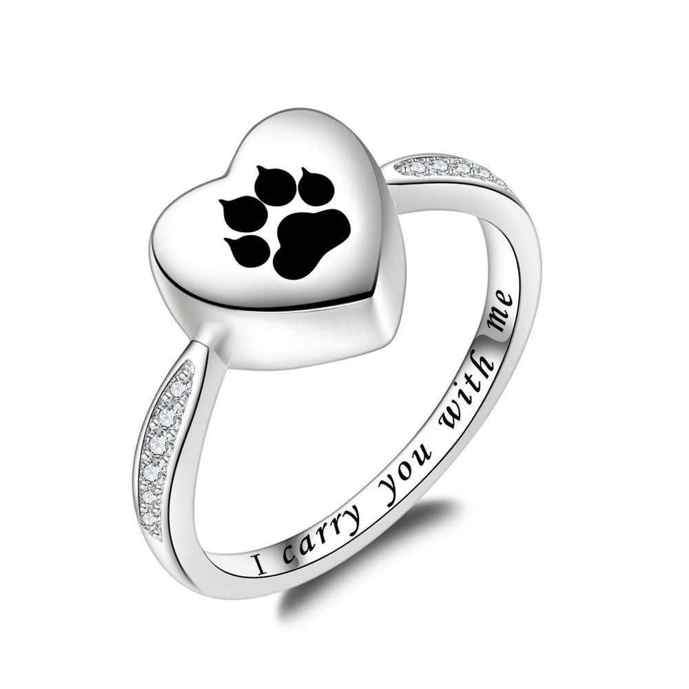 Fookduoduo paw-print urn ring closeup with black enamel, lasting memorial