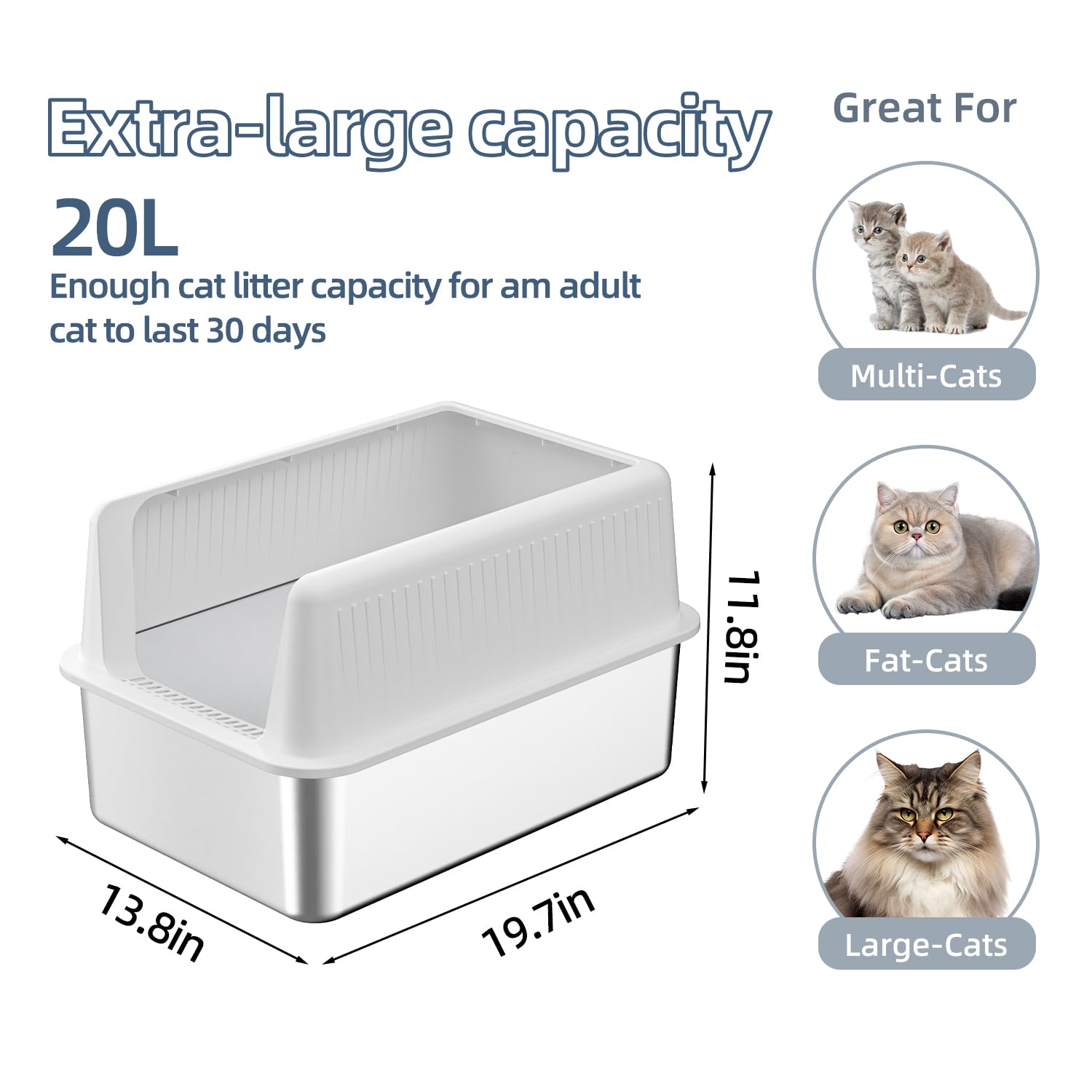 Fooalgo stainless steel litter box lid XL, side angle showing durable build and easy cleaning.